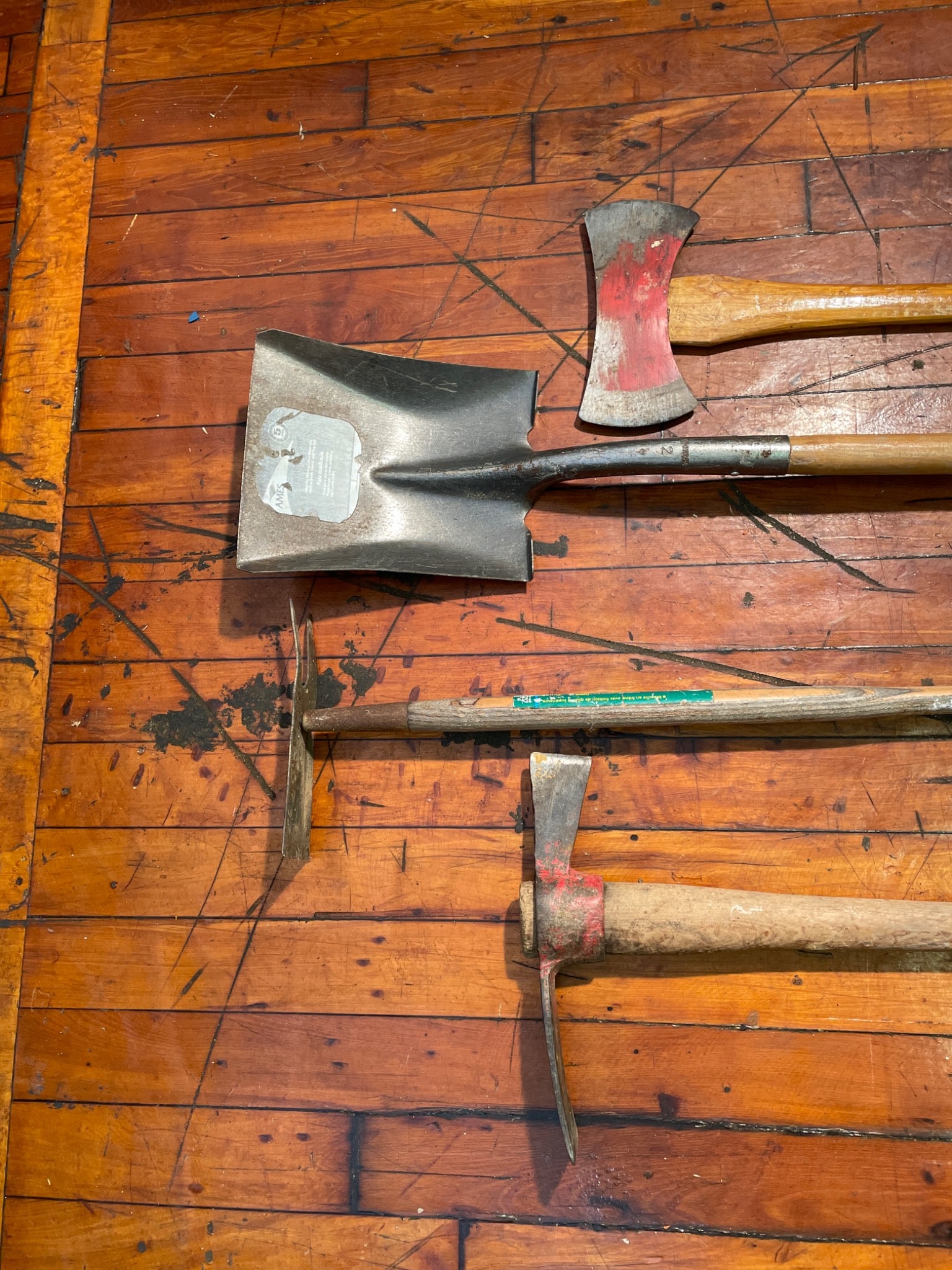 4 Assorted Yard Tools Including Axes, Hoe, and Shovel - 2