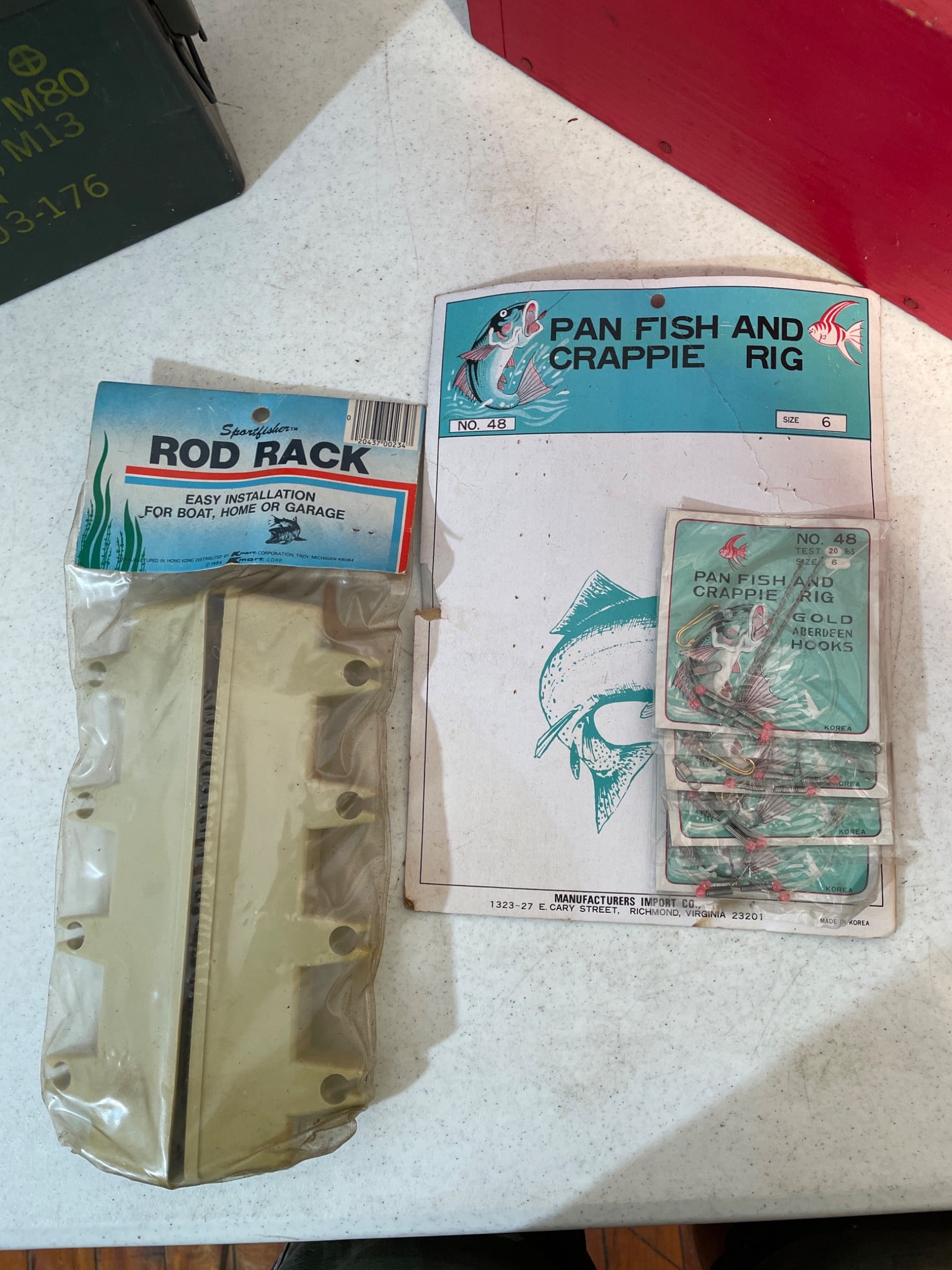 Items Including M80 Ammo Box, Fishing Gear, and 3M Sandpaper - 3