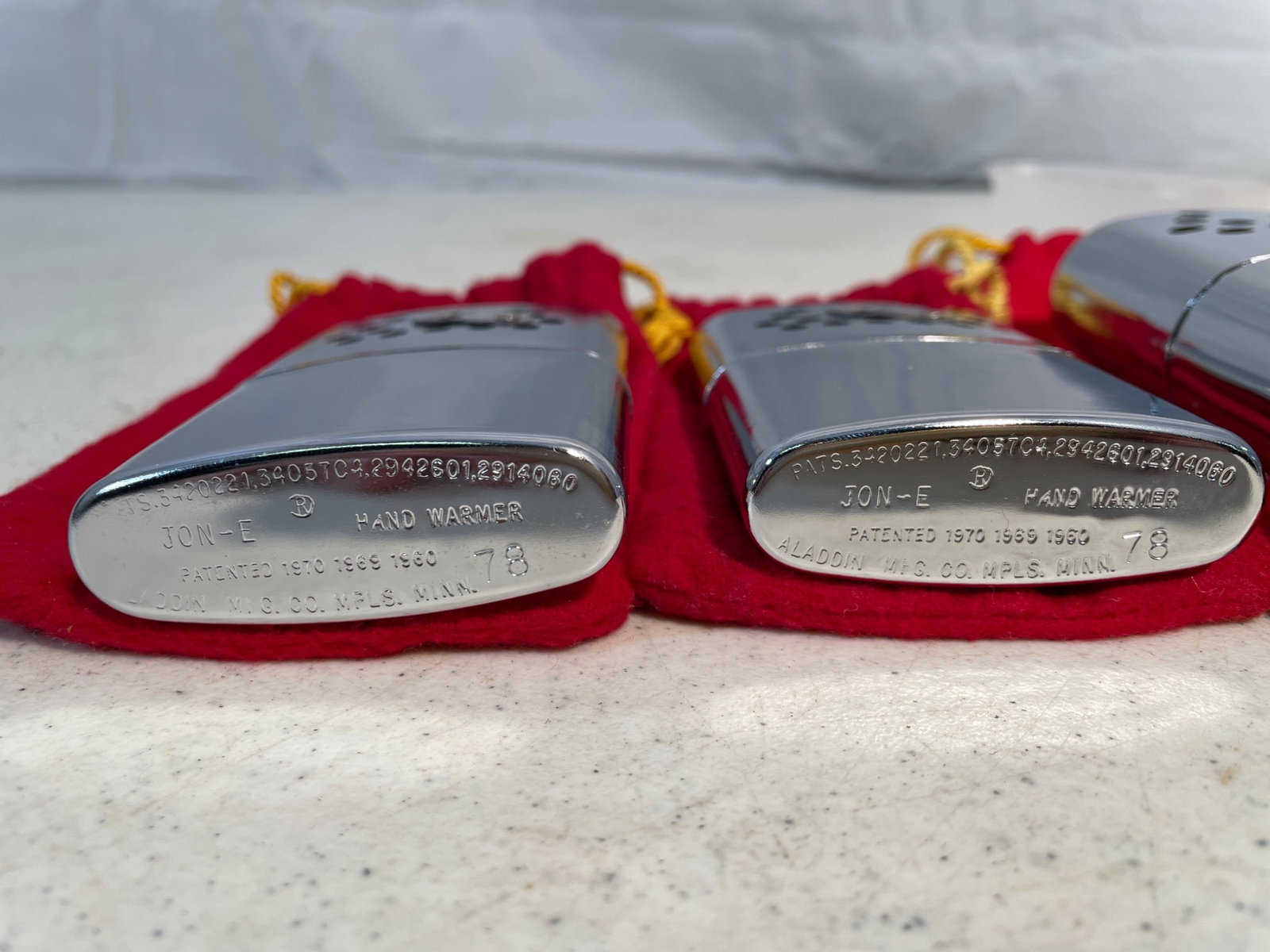 3 Jon-E Hand Warmers with Red Pouches, Made in USA - 3
