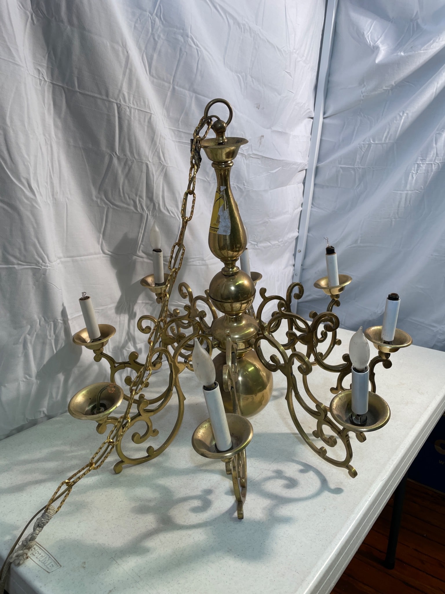 Brass 6-Arm Chandelier with Scrollwork Design and Chain Suspension - 2