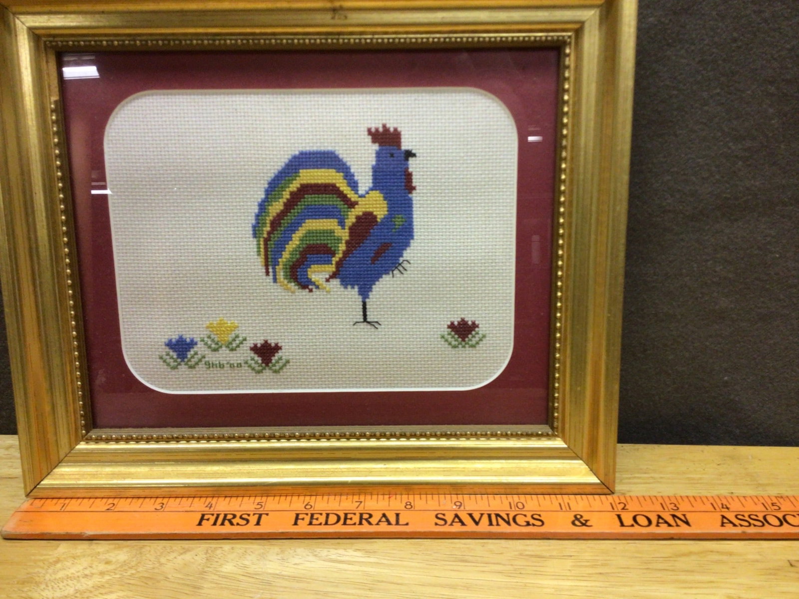 Framed Needlepoint Artwork Featuring Multicolored Rooster with Gold Frame - 2