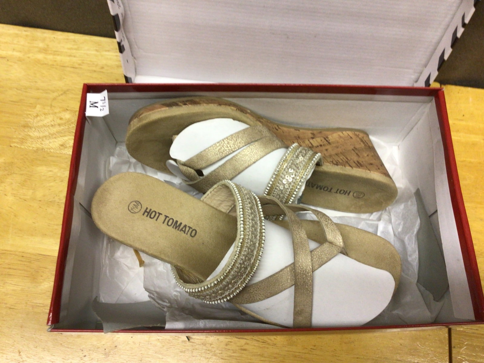 Women's Size 7 1/2 M Hot Tomato Wedge Sandals with Rhinestone Straps: Hot Tomato women's wedge sandals in size 7 1/2 M. Features include cork soles, gold-colored straps with rhinestone embellishments, and a slip-on style. These sandals appear to have light wear and
