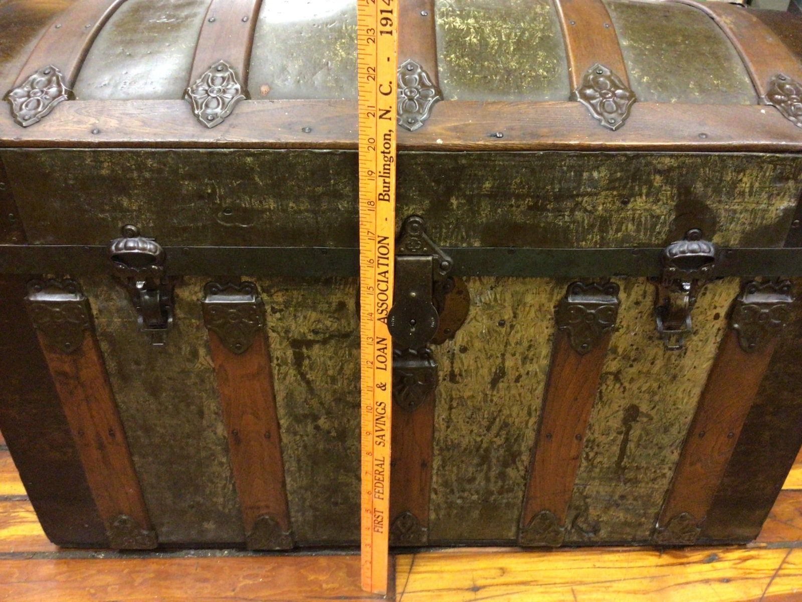 Wooden and Metal Steamer Trunk with Domed Lid and Decorative Hardware - 2