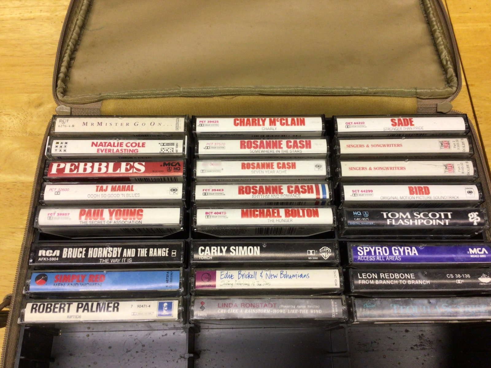 Cassette Tapes in Hard Case - Various Artists and Genres: Cassette tapes in a hard carrying case. Includes titles such as Sade, Rosanne Cash, Simply Red, Paul Young, Bruce Hornsby and the Range, Robert Palmer, Michael Bolton, and more. All cassette tapes wer