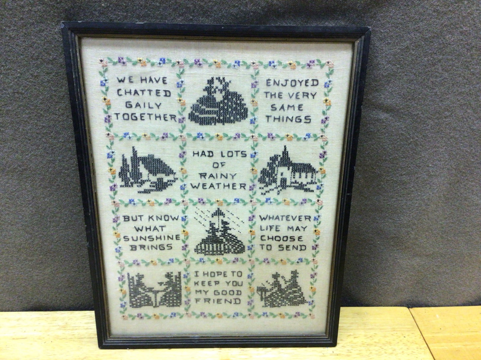Framed Hand-stitched Multiblock Embroidery With Floral Border (1 of 3)