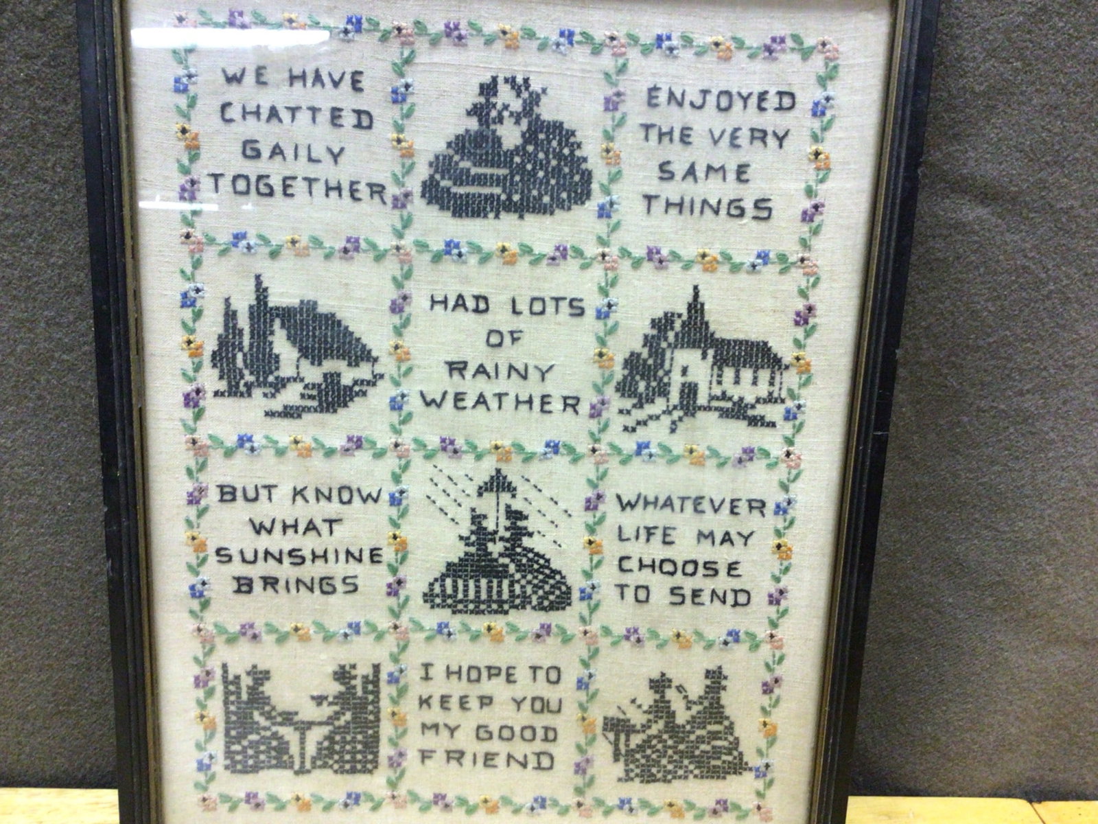 Framed Hand-stitched Multiblock Embroidery With Floral Border - 2