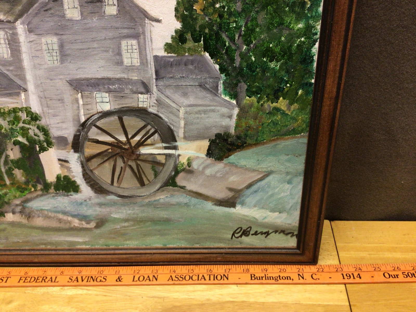 Original Landscape Painting of Mill and Water Wheel by R. Benjamin - 3