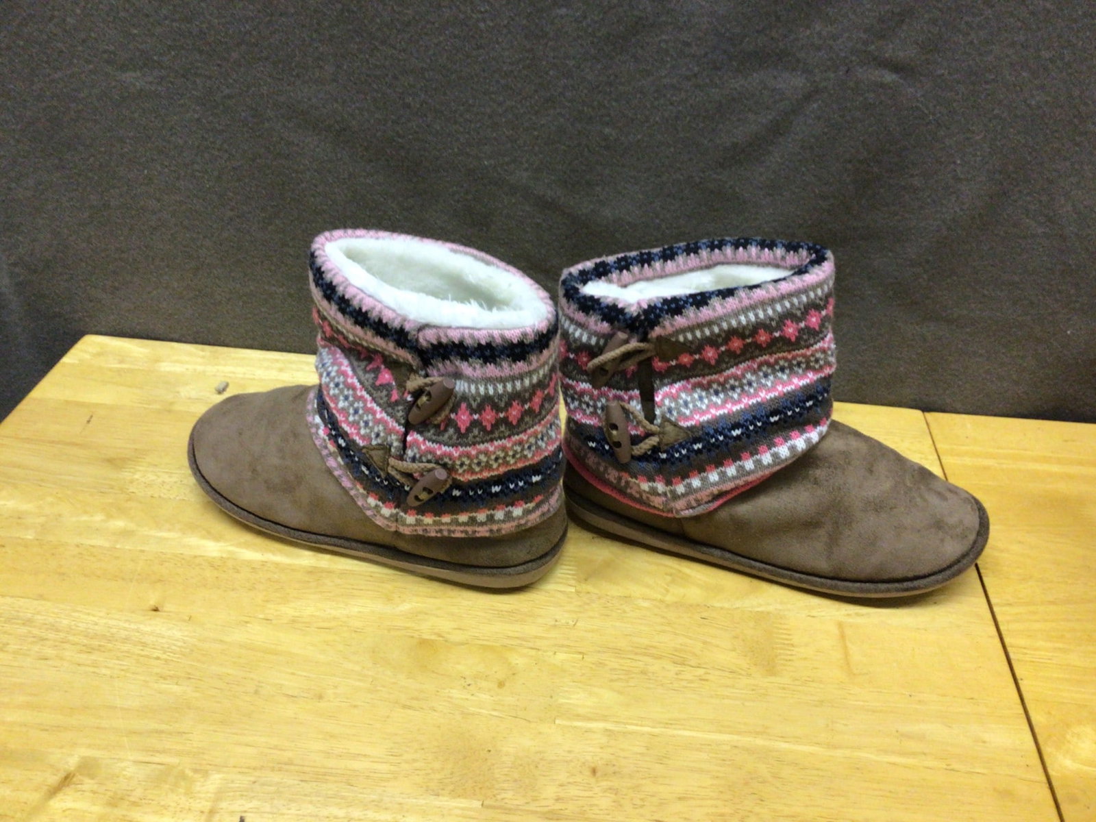 Women's Brown Suede Ankle Boots With Multicolor Knit Cuffs, Size 9 - 2