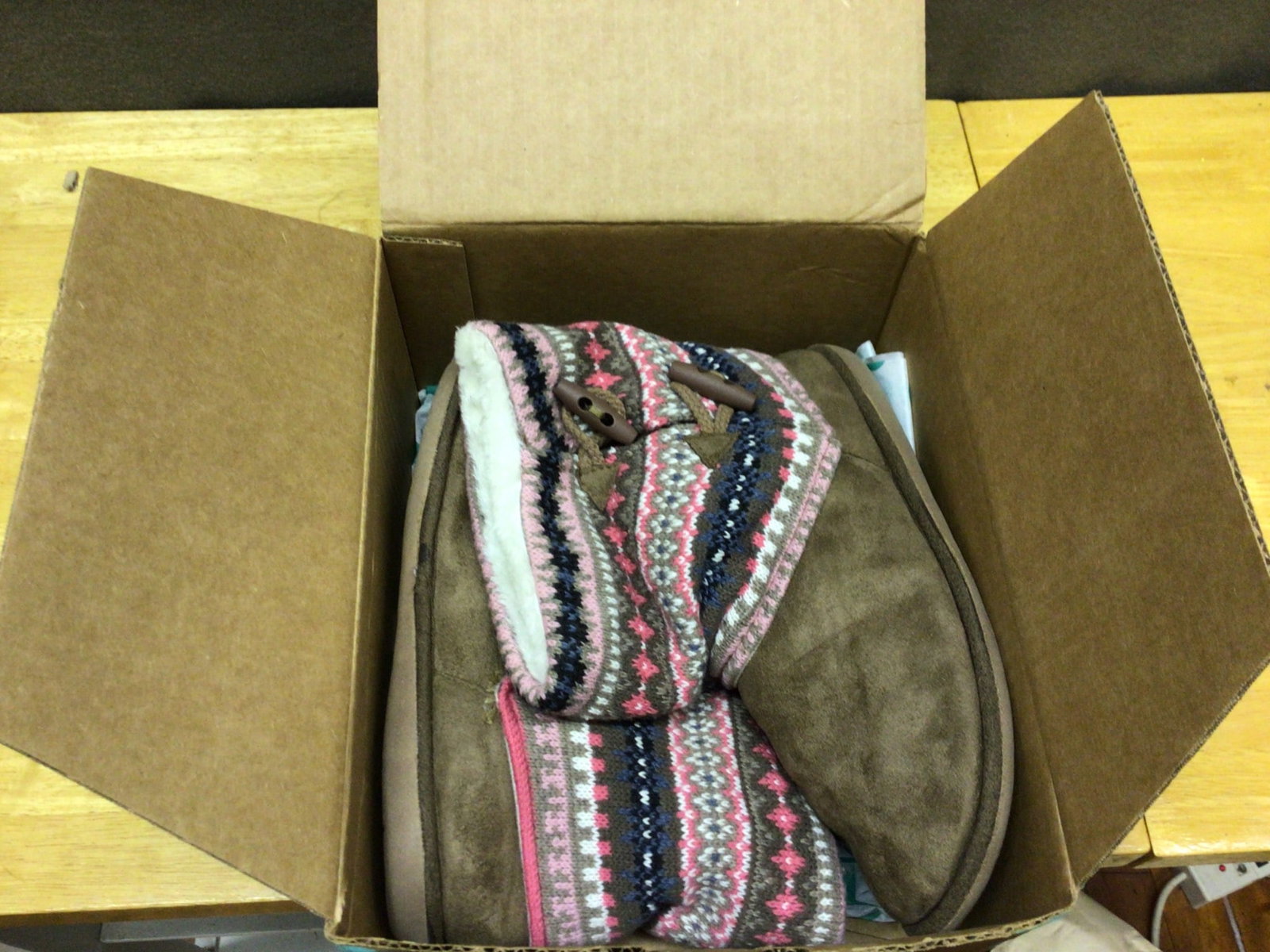 Women's Brown Suede Ankle Boots With Multicolor Knit Cuffs, Size 9 - 3