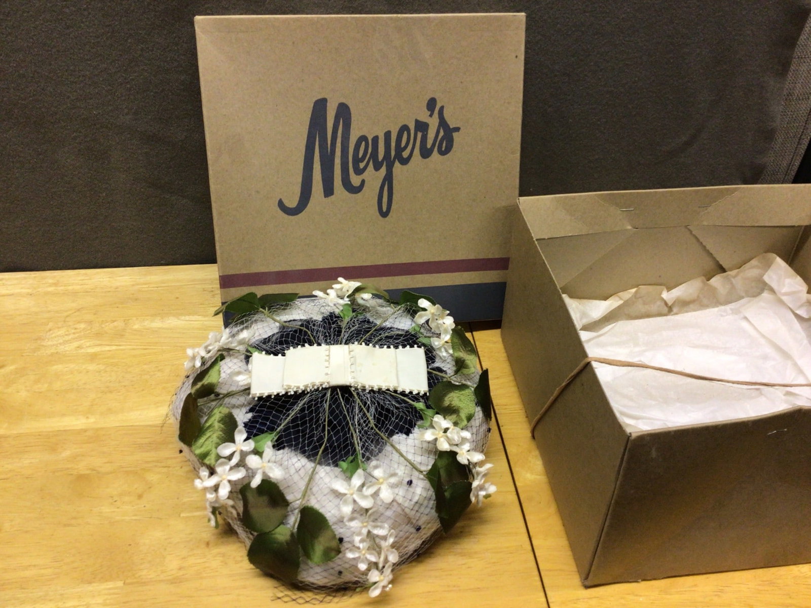 Meyer's Box with Decorative Floral Hat and Netting (1 of 3)