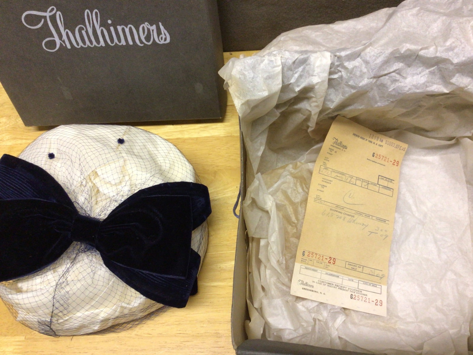 Thalhimers Hat with Box and Receipt, Featuring Velvet Bow and Netting - 3