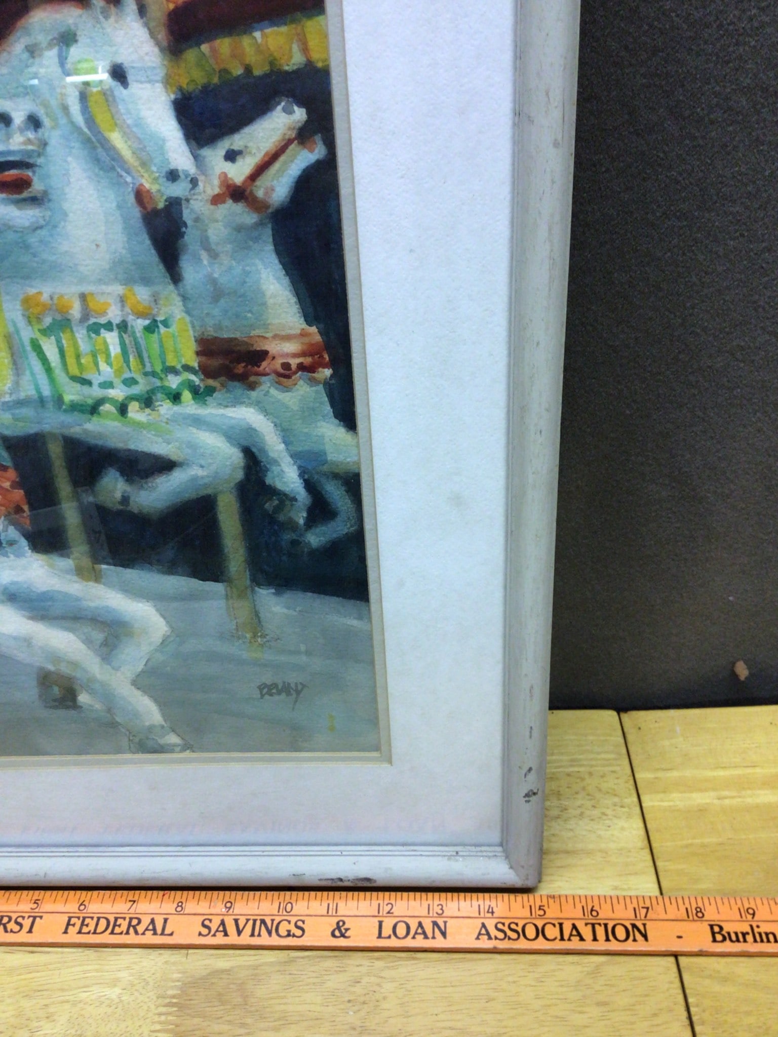 Framed Watercolor Painting Featuring Carousel Horses With Artist Signature - 3
