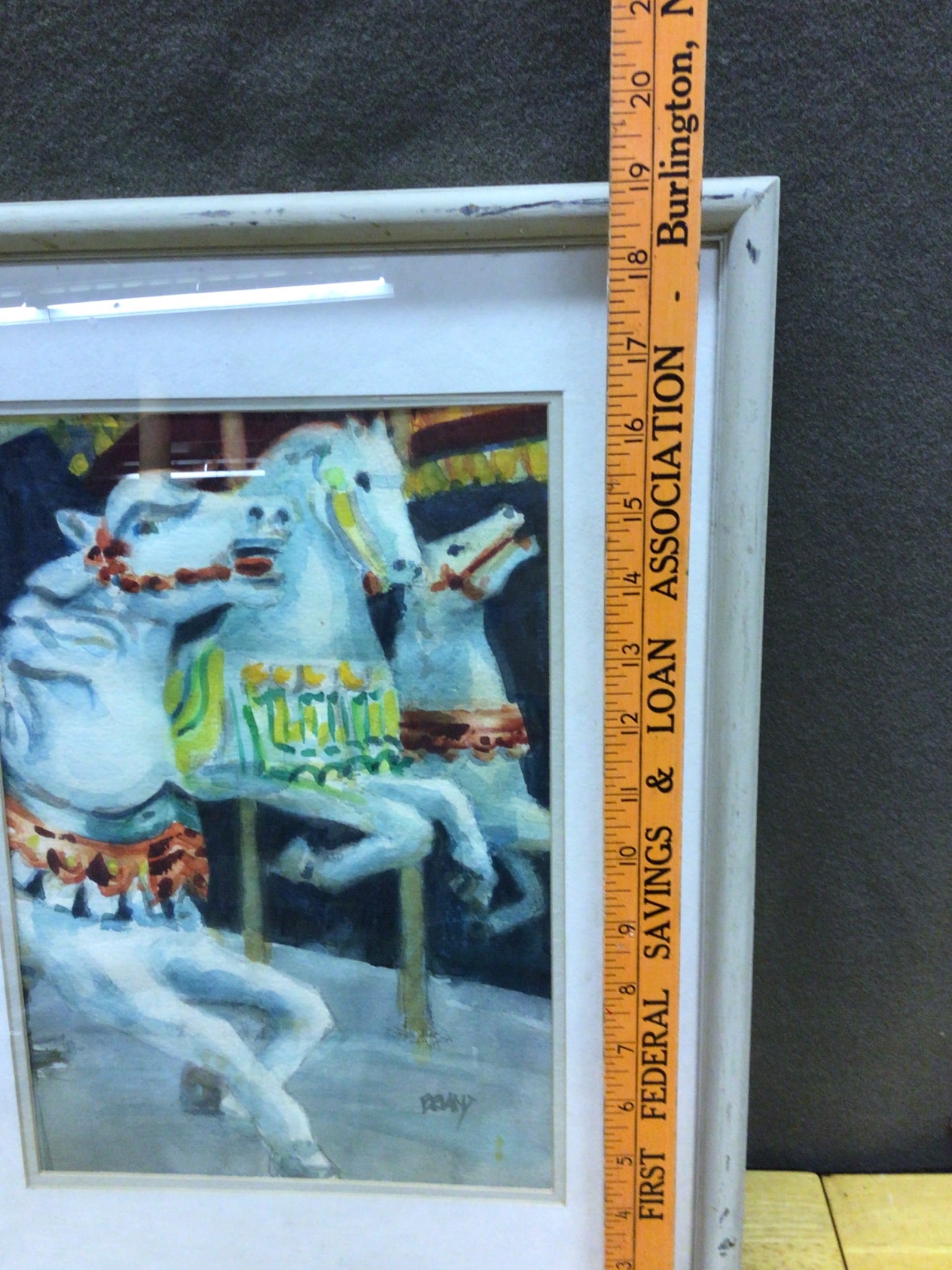 Framed Watercolor Painting Featuring Carousel Horses With Artist Signature - 4