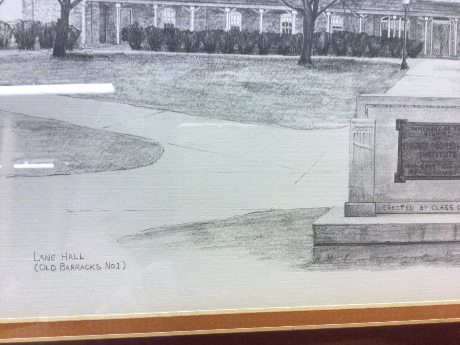 Framed Drawing of Lane Hall (Old Barracks No. 1) by Edith Schlemmer Thorn - 2