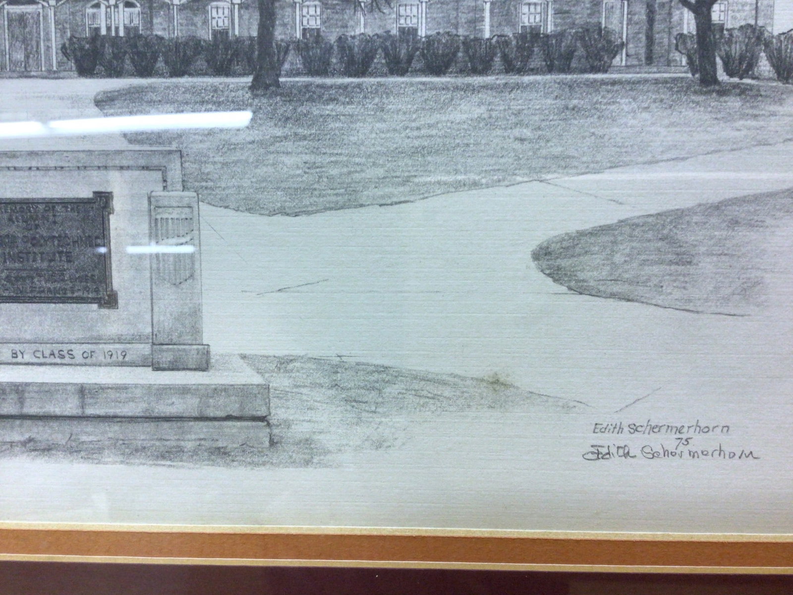 Framed Drawing of Lane Hall (Old Barracks No. 1) by Edith Schlemmer Thorn - 3