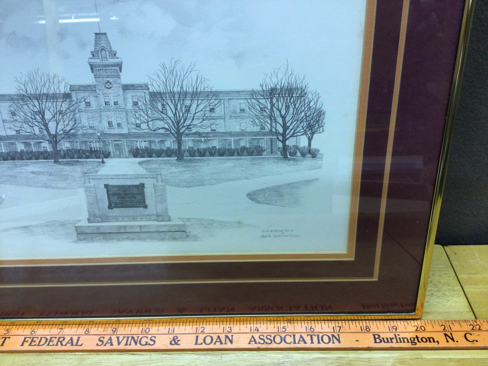 Framed Drawing of Lane Hall (Old Barracks No. 1) by Edith Schlemmer Thorn - 4