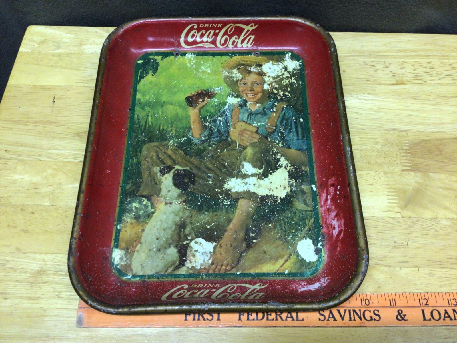 Original Paint Coca-Cola Drink Tray Featuring Boy with Bottle - 4