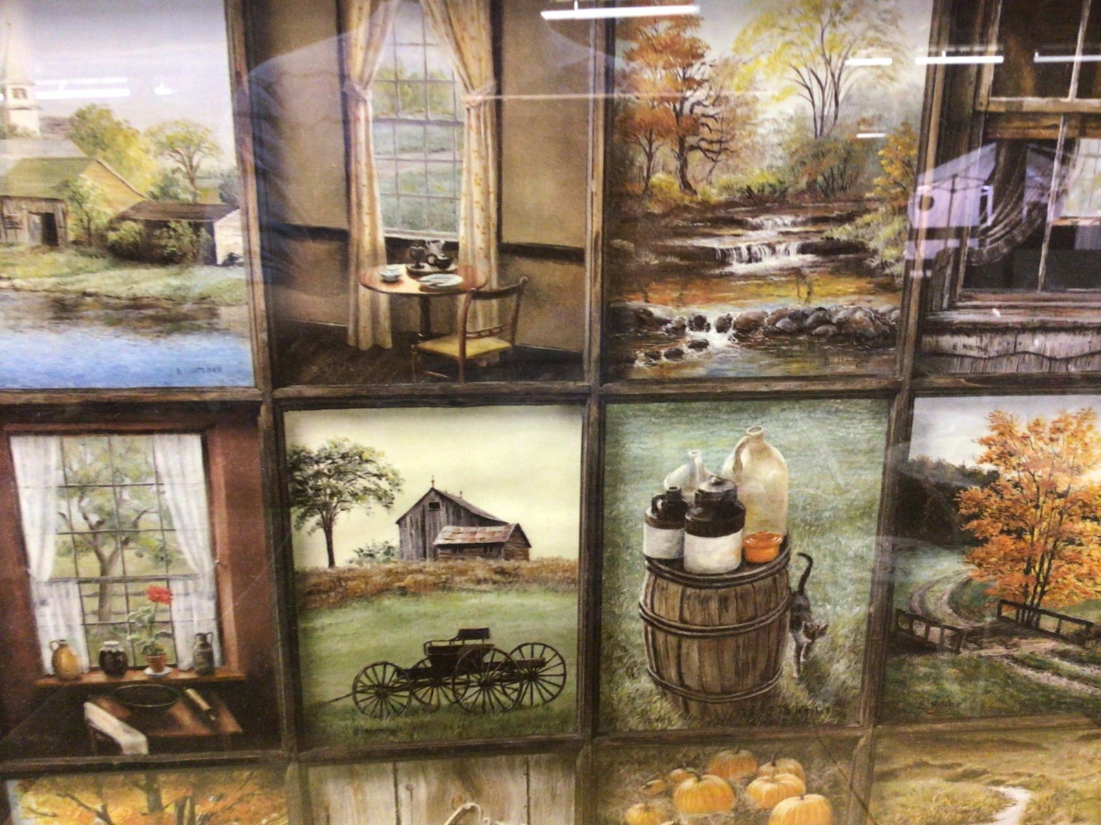 Framed Multi-Panel Artwork Depicting Rural Scenes in Wooden Frame - 4