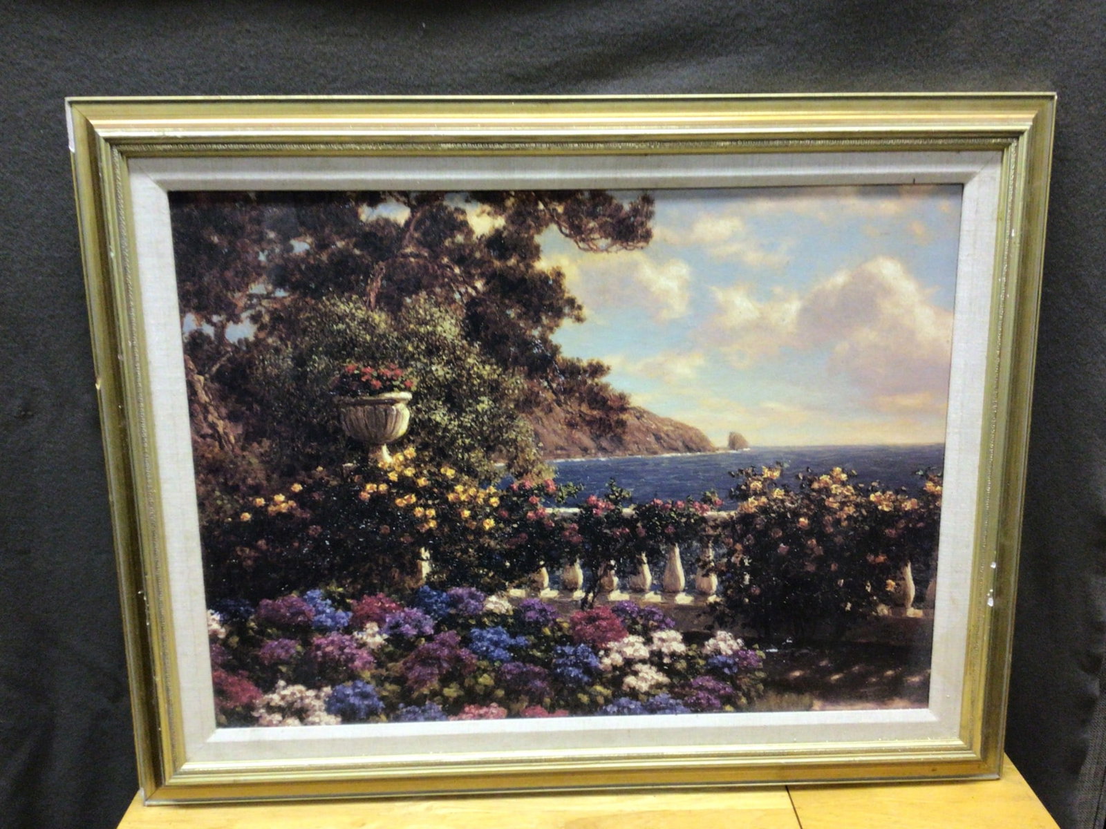 Framed Landscape Oil Painting Signed by F. Church: This framed oil painting features a detailed landscape with a garden overlooking the sea. The painting is signed by F. Church in the lower right corner. The frame measures approximately 28 inches
