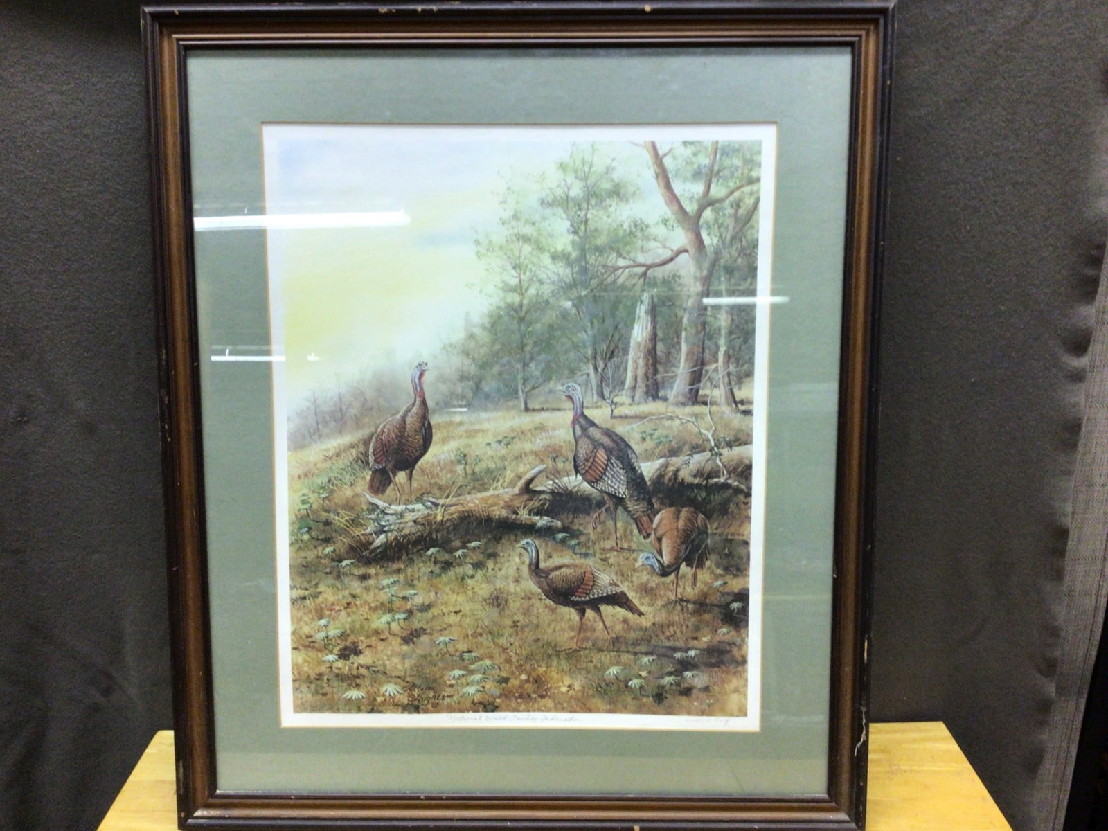 Framed Print Titled 'National Wild Turkey Federation' by Artist Albert Hugues: Framed print titled 'National Wild Turkey Federation' by Albert Hugues, depicting turkeys in a woodland scene. The frame measures approximately 32 inches by 27 inches. Signed by the artist, with