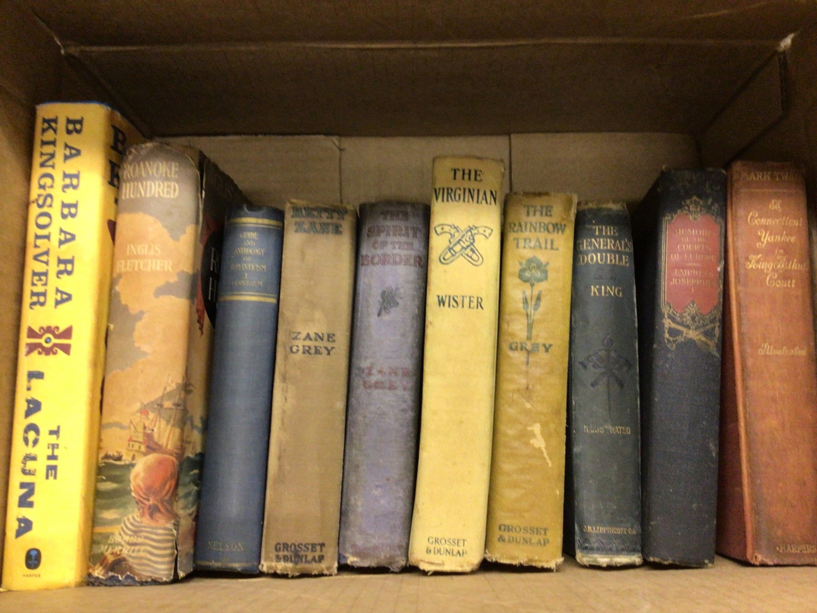 10 Books including Zane Grey, Owen Wister, and Barbara Kingsolver: The lot includes a variety of books such as 'The Rainbow Trail' (Zane Grey), 'Betty Zane' (Zane Grey), 'The Spirit of the Border' (Zane Grey), 'The Virginian' (Owen Wister), 'Roanoke Hundred' (Inglis