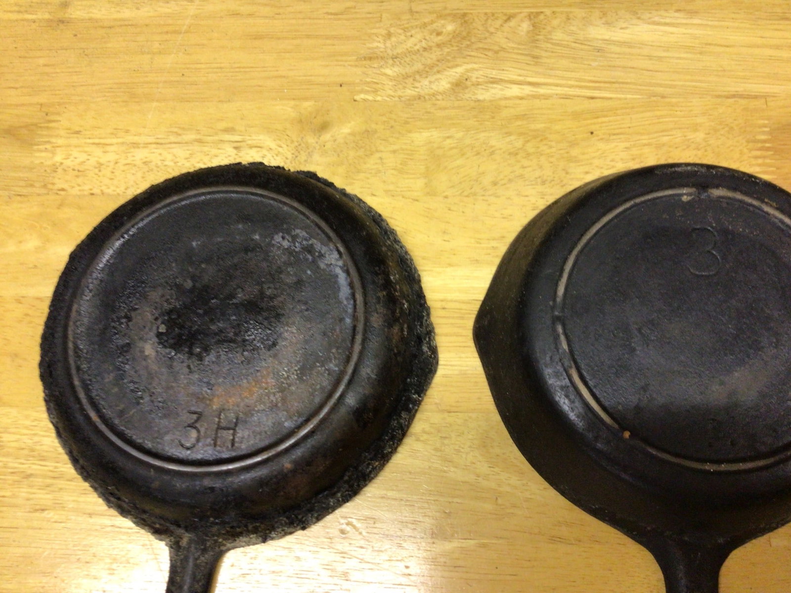 Two Cast Iron Skillets Marked '3' and '3H' with Handles - 2