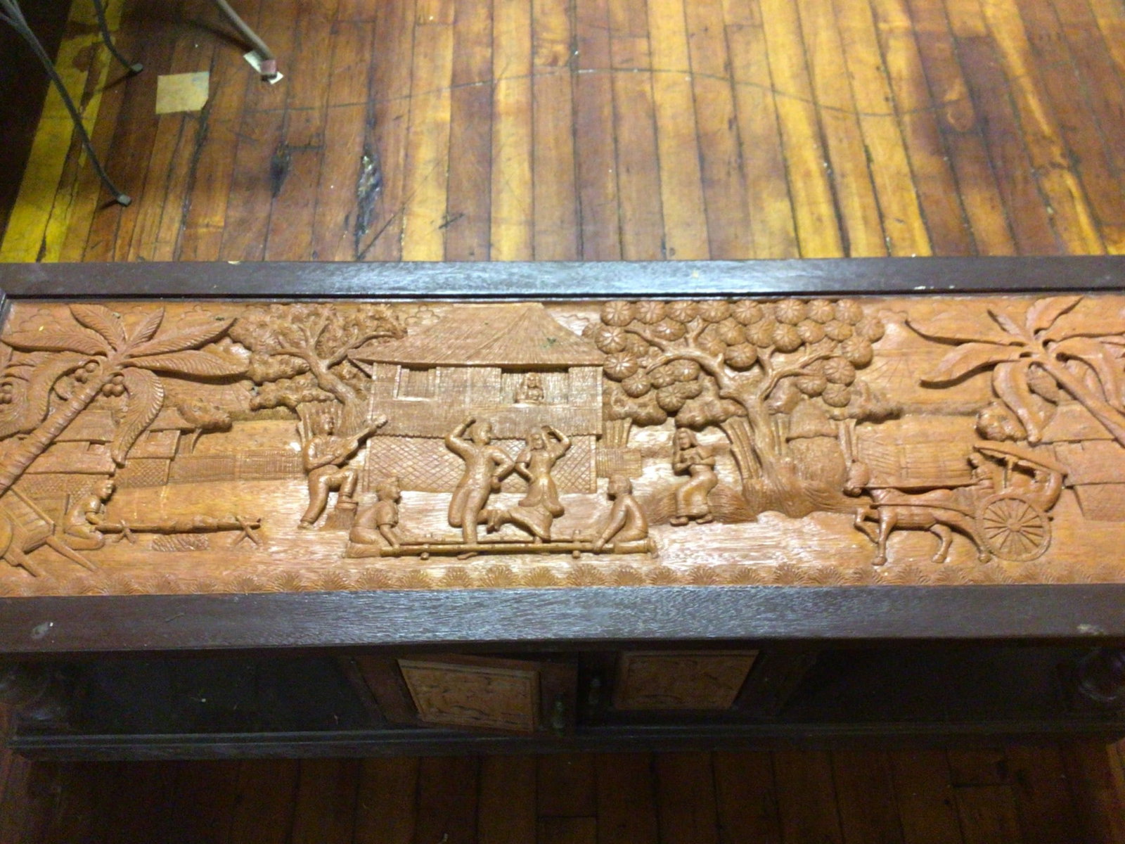 Wooden Coffee Table With Carved Relief Panel and Storage Cabinet, 60x20x18 Inches - 2