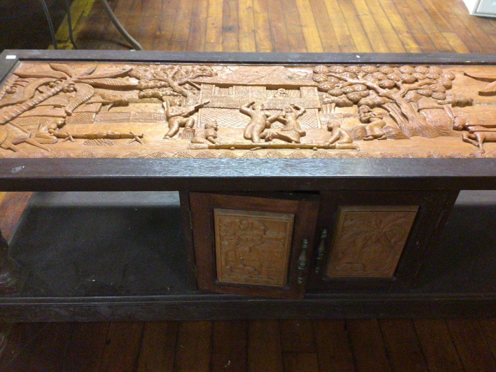 Wooden Coffee Table With Carved Relief Panel and Storage Cabinet, 60x20x18 Inches - 3