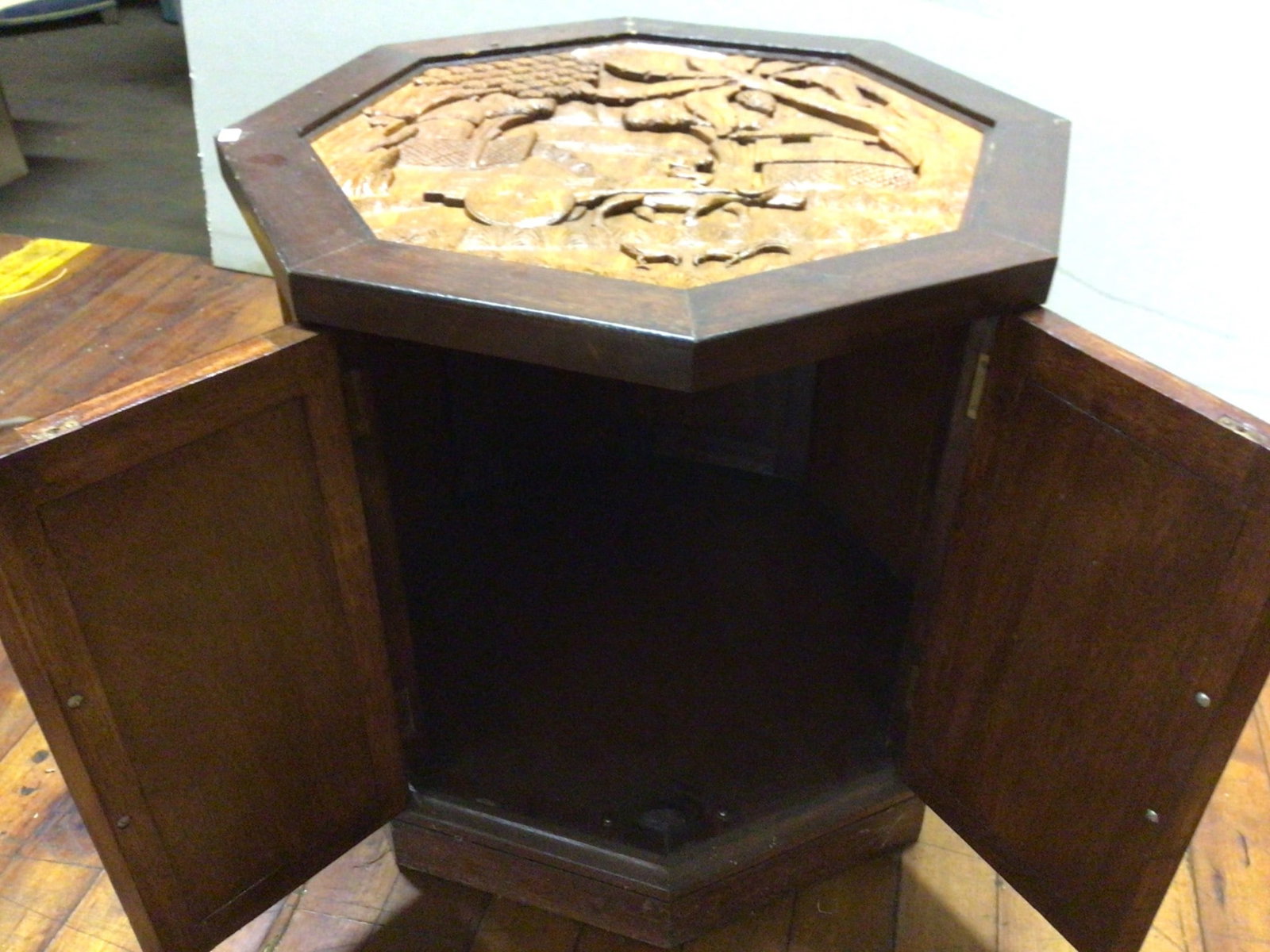 Octagonal Wooden Cabinet With Carved Top and Sides, 22 Inches Tall - 2