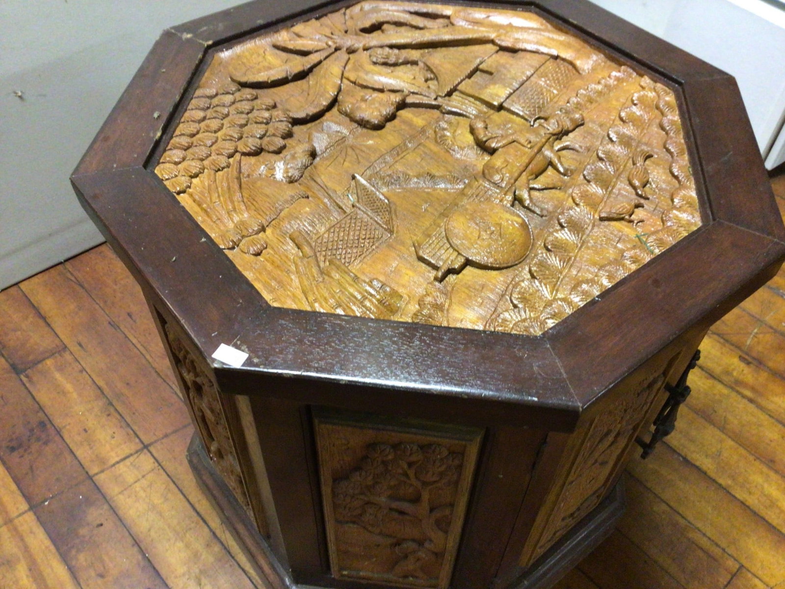 Octagonal Wooden Cabinet With Carved Top and Sides, 22 Inches Tall - 3