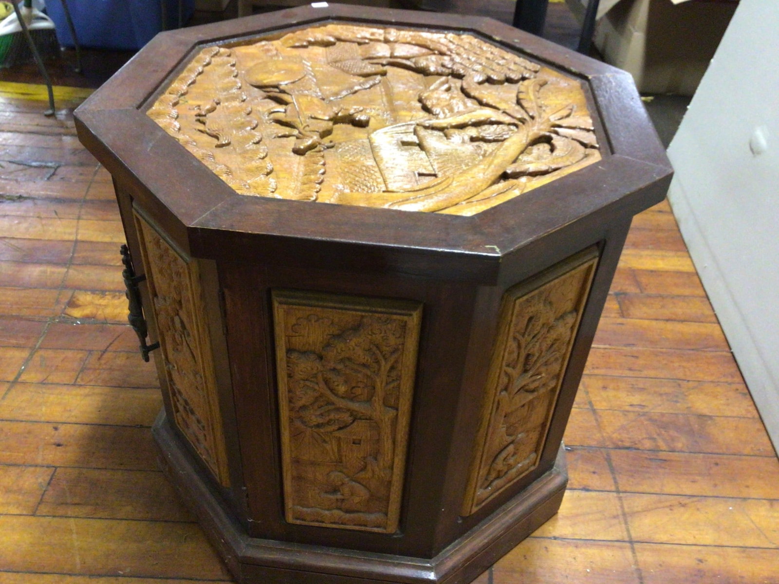 Octagonal Wooden Cabinet With Carved Top and Sides, 22 Inches Tall - 4