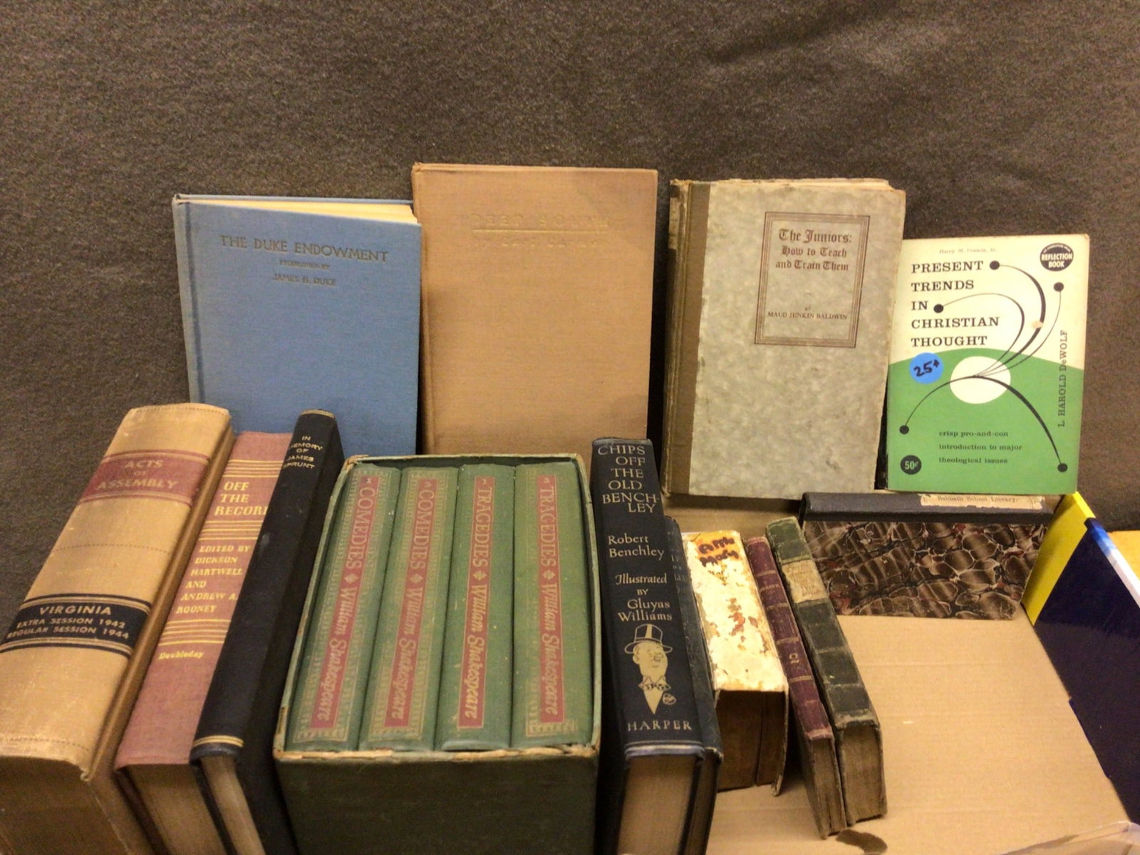 Books Including Literary and Historical Works: This lot consists of a collection of assorted books, including titles such as 'Chips Off the Old Benchley' by Robert Benchley, 'Deep South: Memories of Georgia' by Augustus Baldwin Longstreet, and