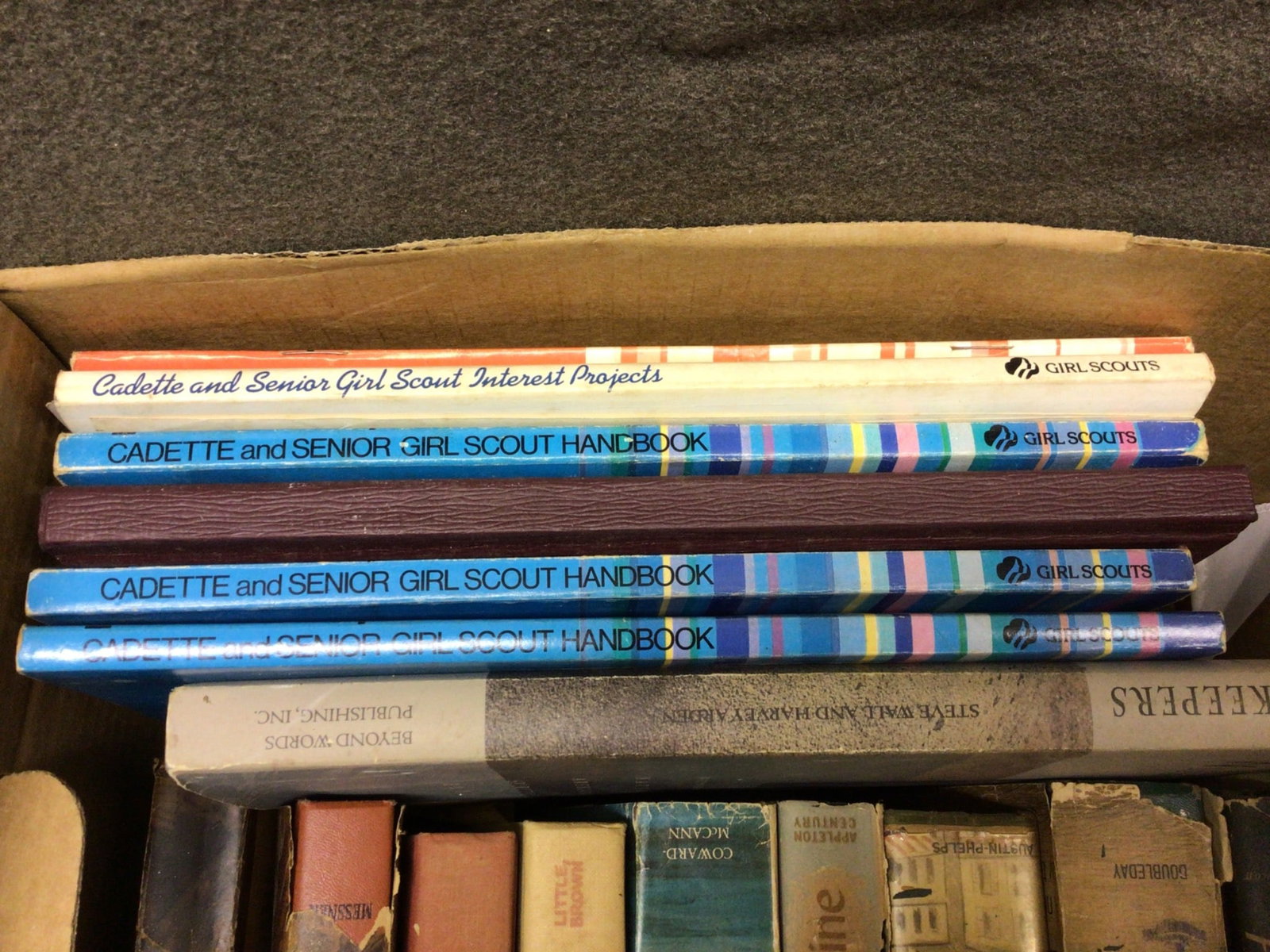 Cadette, Senior Girl Scout Handbooks and Assorted Hardcover Books: This lot includes multiple copies of Cadette and Senior Girl Scout Handbooks and 'Cadette and Senior Girl Scout Interest Projects.' Additionally, it features various hardcover books such as 'To Kill