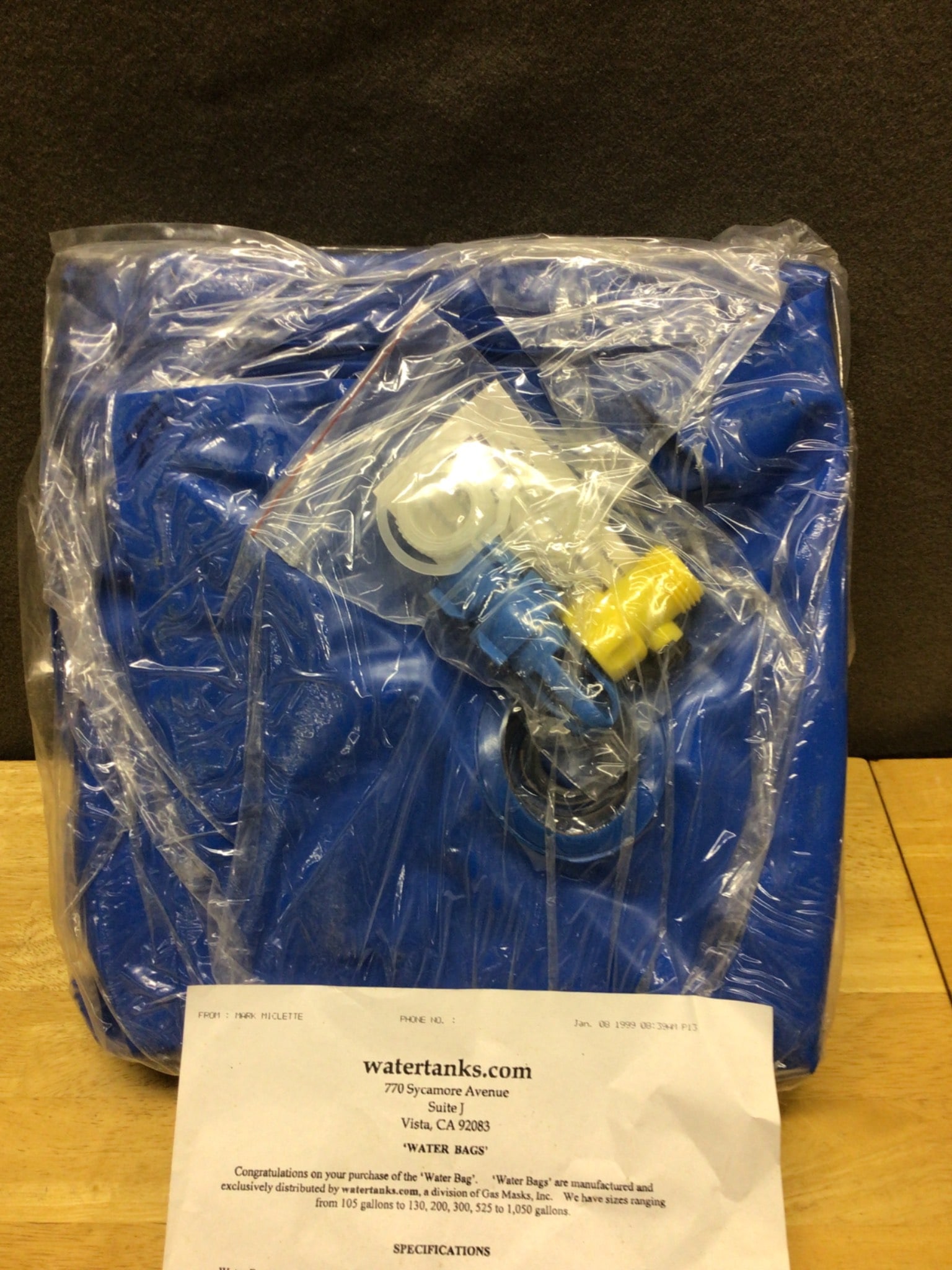 Water Bag, Brand New in Original Packaging with Instructions: This is a brand new water bag sold by watertanks.com, still in the original packaging. The item includes the water bag, necessary fittings, and detailed instructions. Designed for portable water