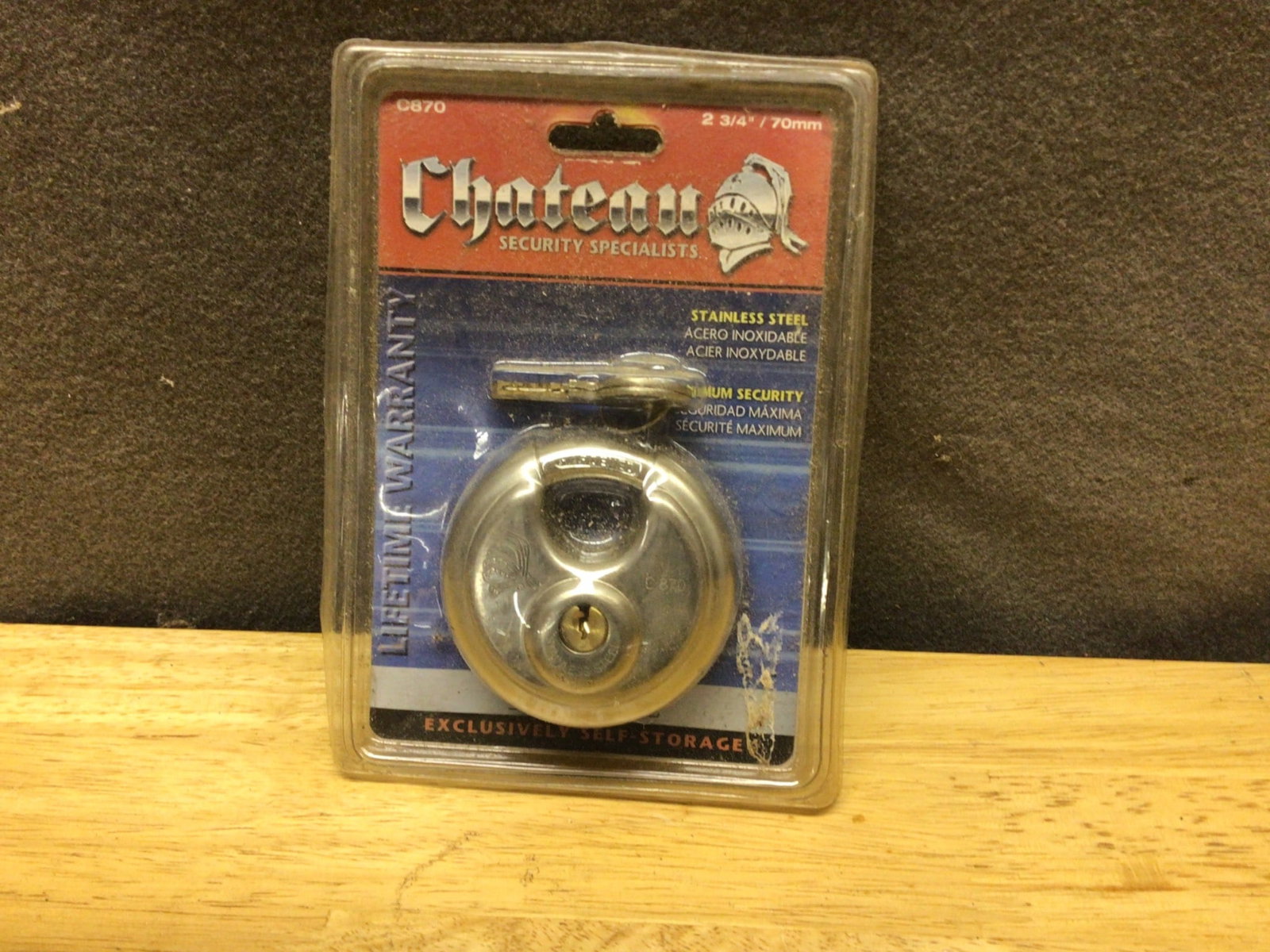 Chateau C877 2 3/4 Inch (70mm) Stainless Steel Disc Lock With Key: Chateau C877 disc lock featuring a 2 3/4 inch (70mm) stainless steel construction. Designed for maximum security with a solid brass key core. Packaged in original manufacturer-sealed retail blister
