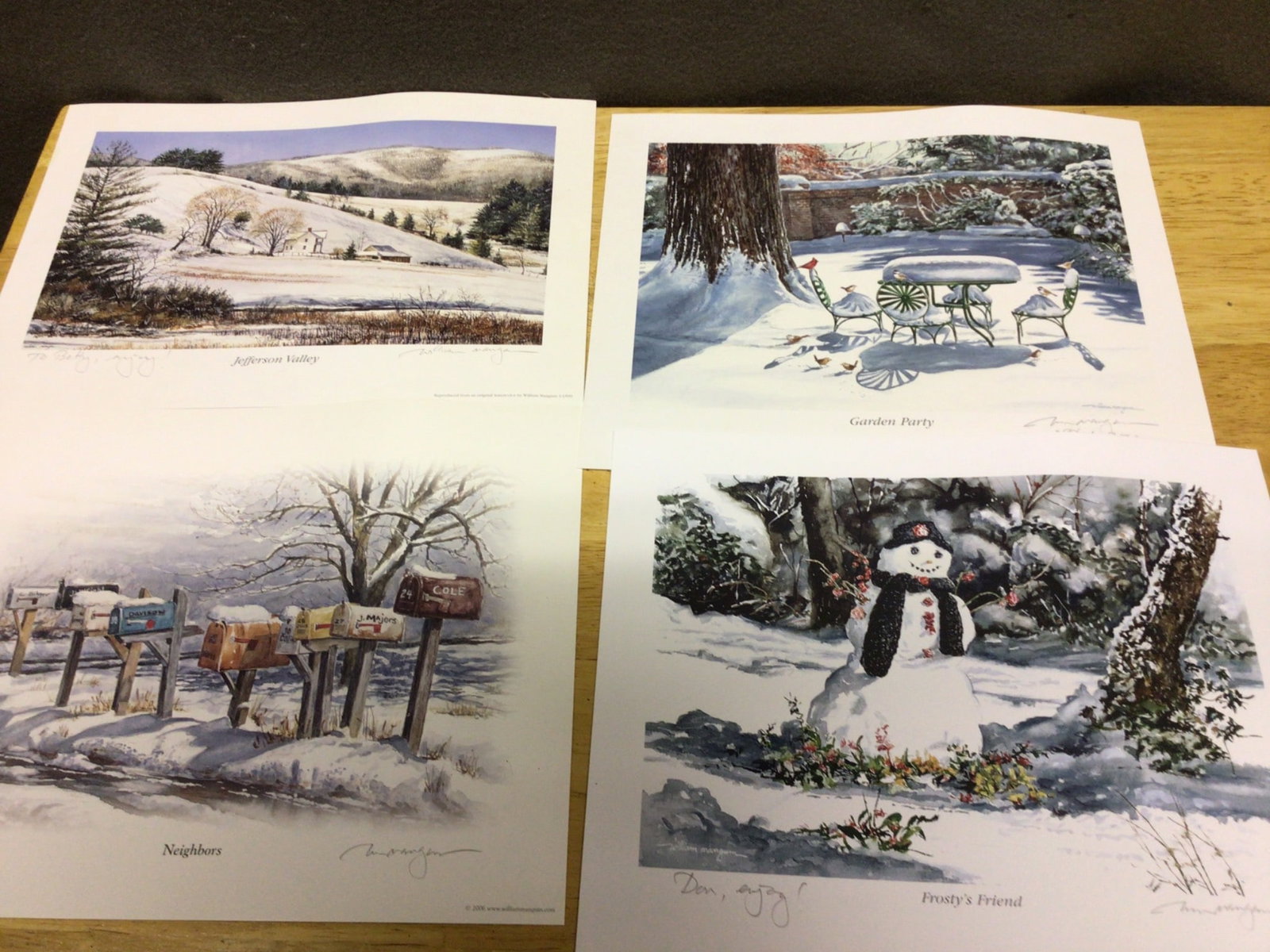 Four Prints by William Mangum Featuring Signed Snowy Landscapes: This set of four prints, created by artist William Mangum, features titles 'Priest's Friend,' 'Neighbors,' 'Jefferson Valley,' and 'Garden Party.' All prints are signed by the artist in pencil, with
