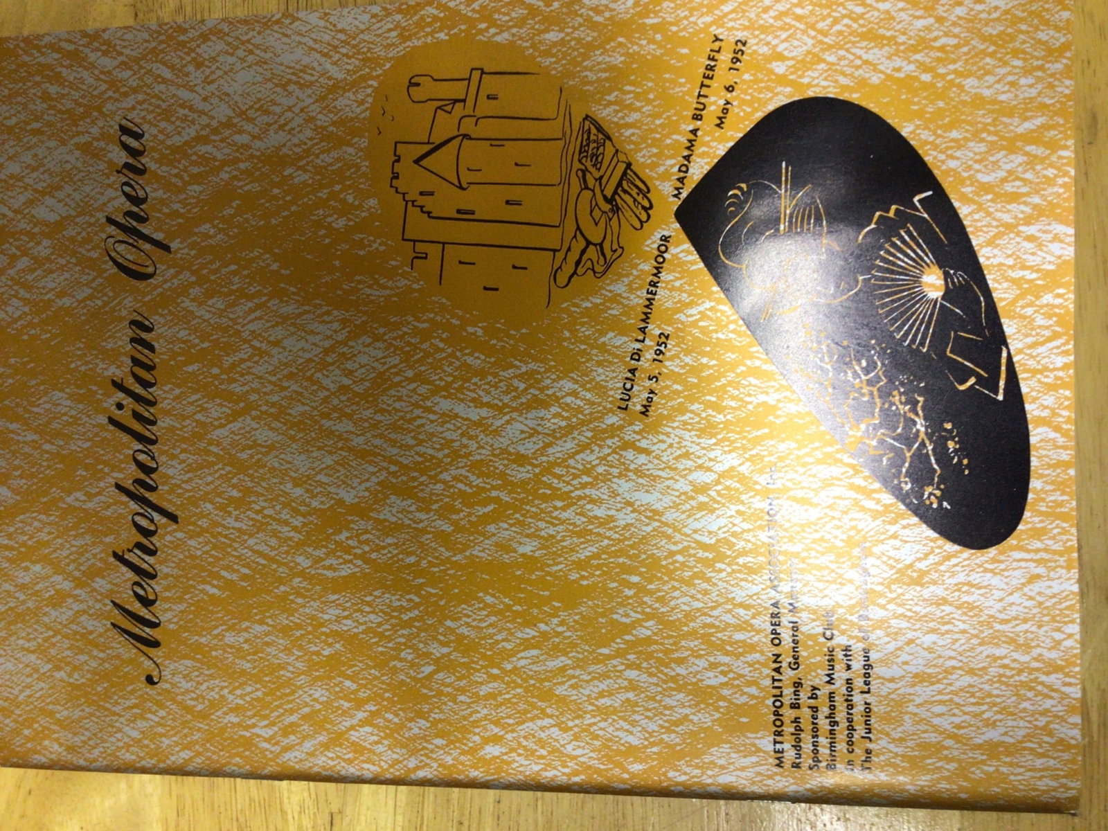 1952 Metropolitan Opera Association Program Featuring Lucia Di Lammermoor and Madame Butterfly: This is an official program from the 1952 Metropolitan Opera Association, detailing performances of 'Lucia Di Lammermoor' on May 5, 1952, and 'Madame Butterfly' on May 6, 1952. Sponsored by Birmingham