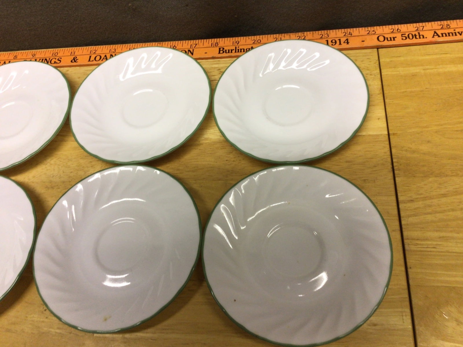 Six Corelle Green-Trimmed White Saucer Plates, Model 103A - 2