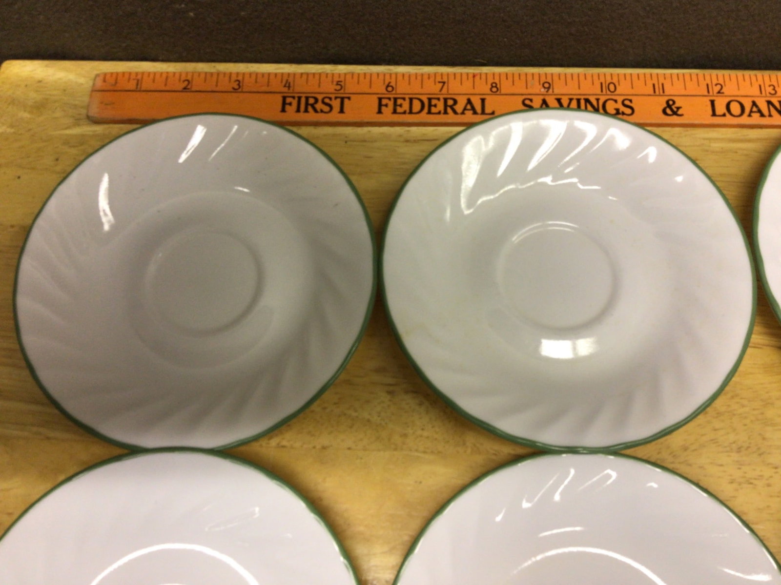 Six Corelle Green-Trimmed White Saucer Plates, Model 103A - 3