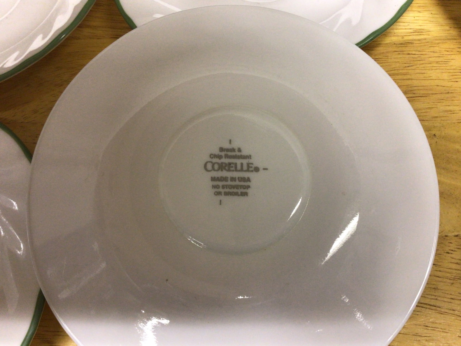 Six Corelle Green-Trimmed White Saucer Plates, Model 103A - 4
