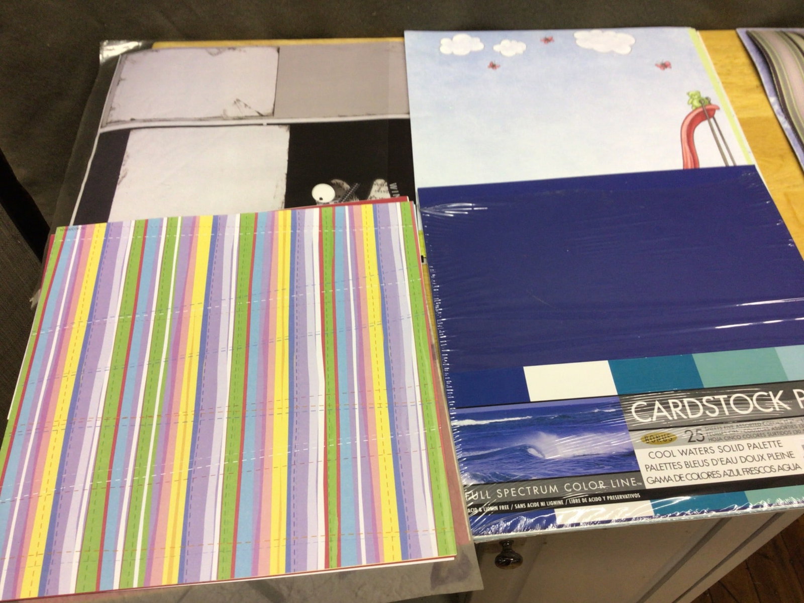 Designer Scrapbooking Paper and Cardstock Collection with Organizer: This lot features a collection of designer scrapbooking papers and card stock, including various Miss Elizabeth's Easy Page collections and a fuel spectrum cardstock palette. The papers measure