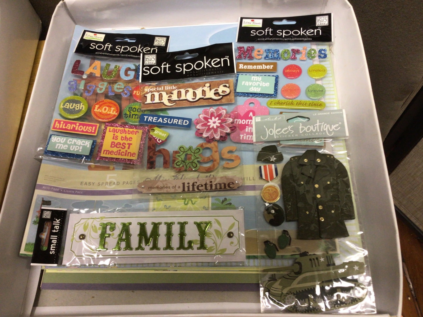 Scrapbooking Supplies Kit with Stickers, Papers, and Protective Sleeves: This lot includes a variety of scrapbooking supplies. Contents include stickers from Soft Spoken and Joleeâ€™s Boutique, 8 patterned and 4 solid 12x12 acid- and lignin-free papers,