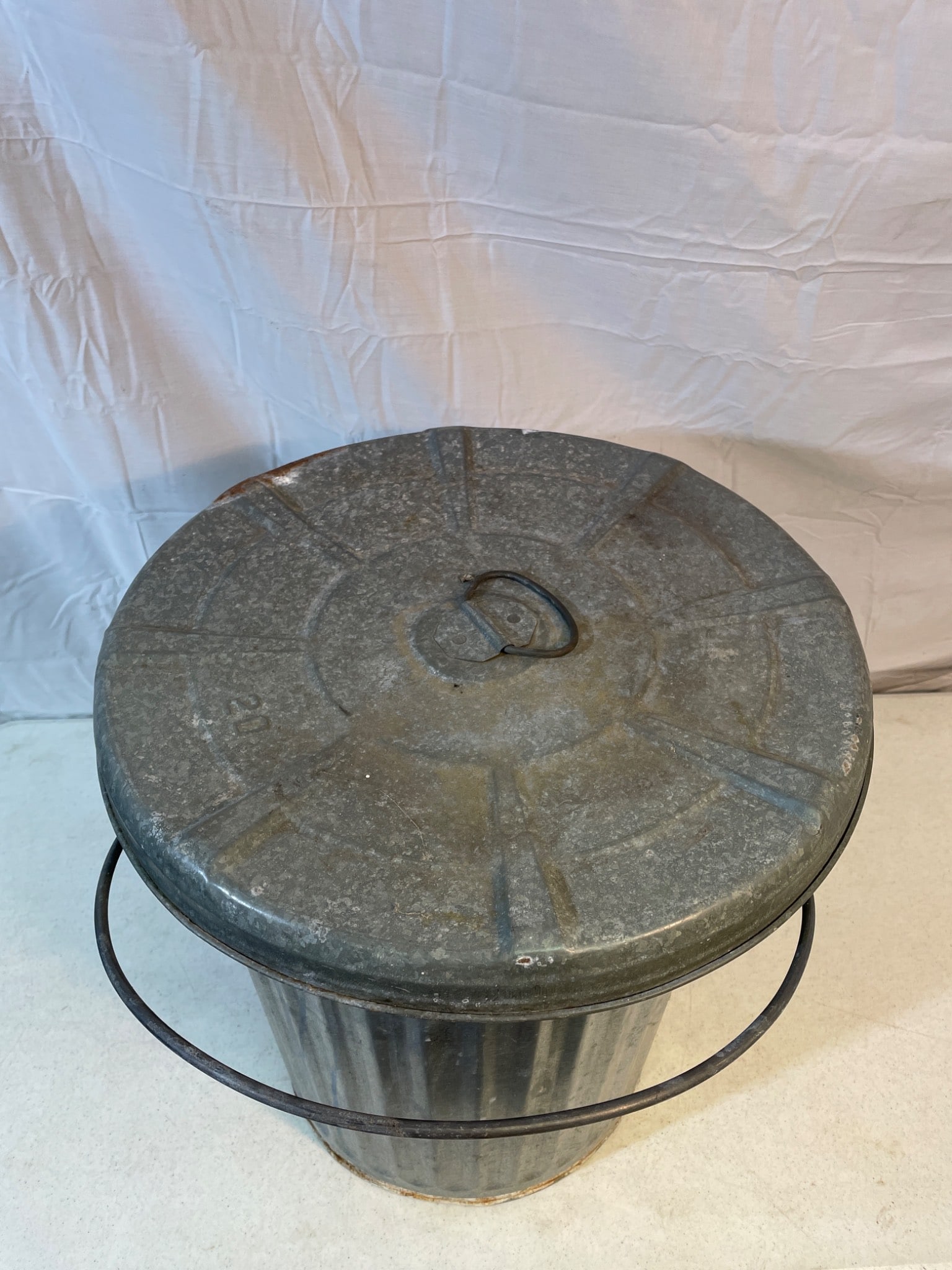 Metal Garbage Can with Lid and Handles, Possibly Galvanized Steel - 2