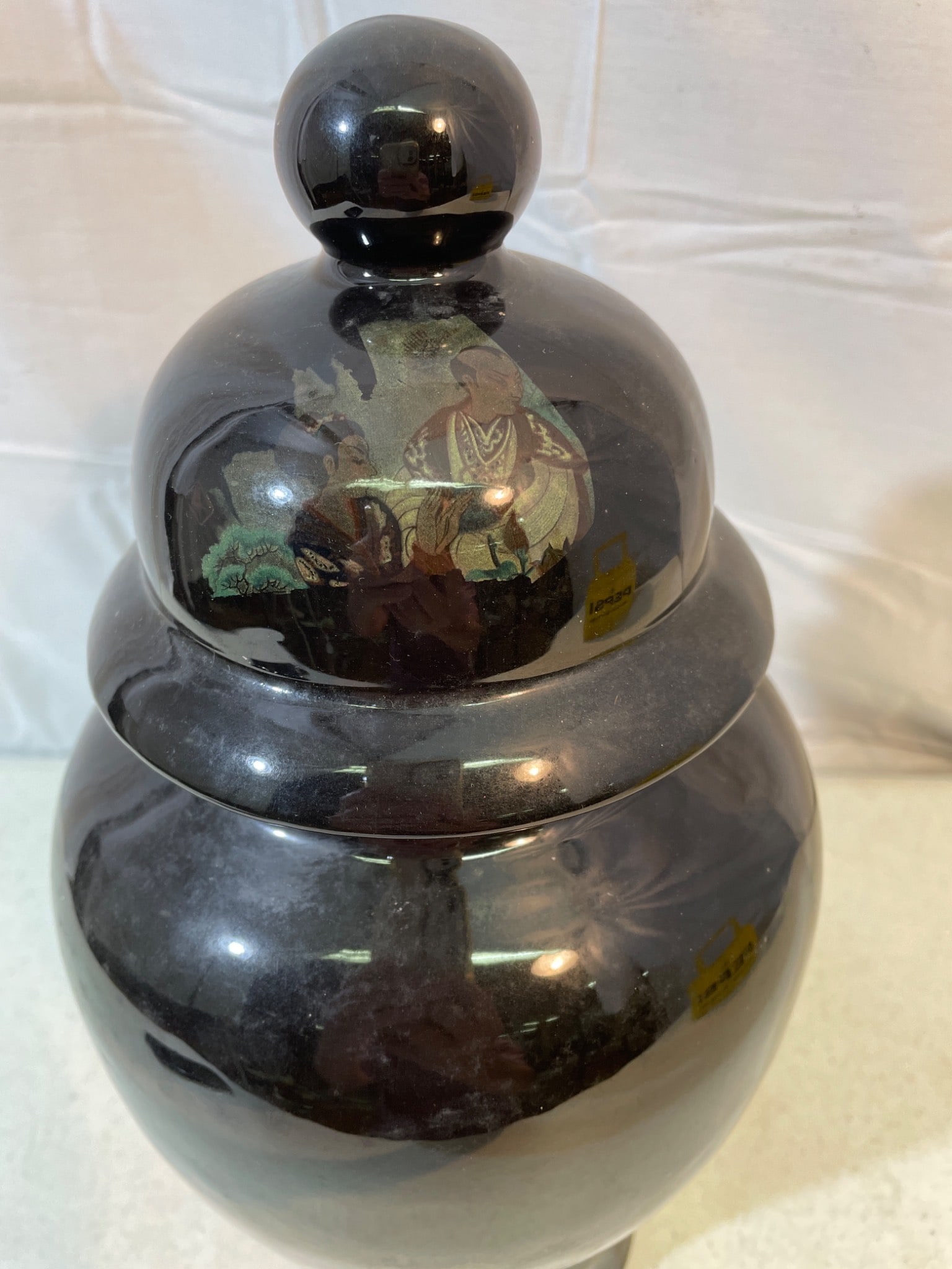 Black Lidded Ceramic Ginger Jar with Floral and Animal Motif - 3