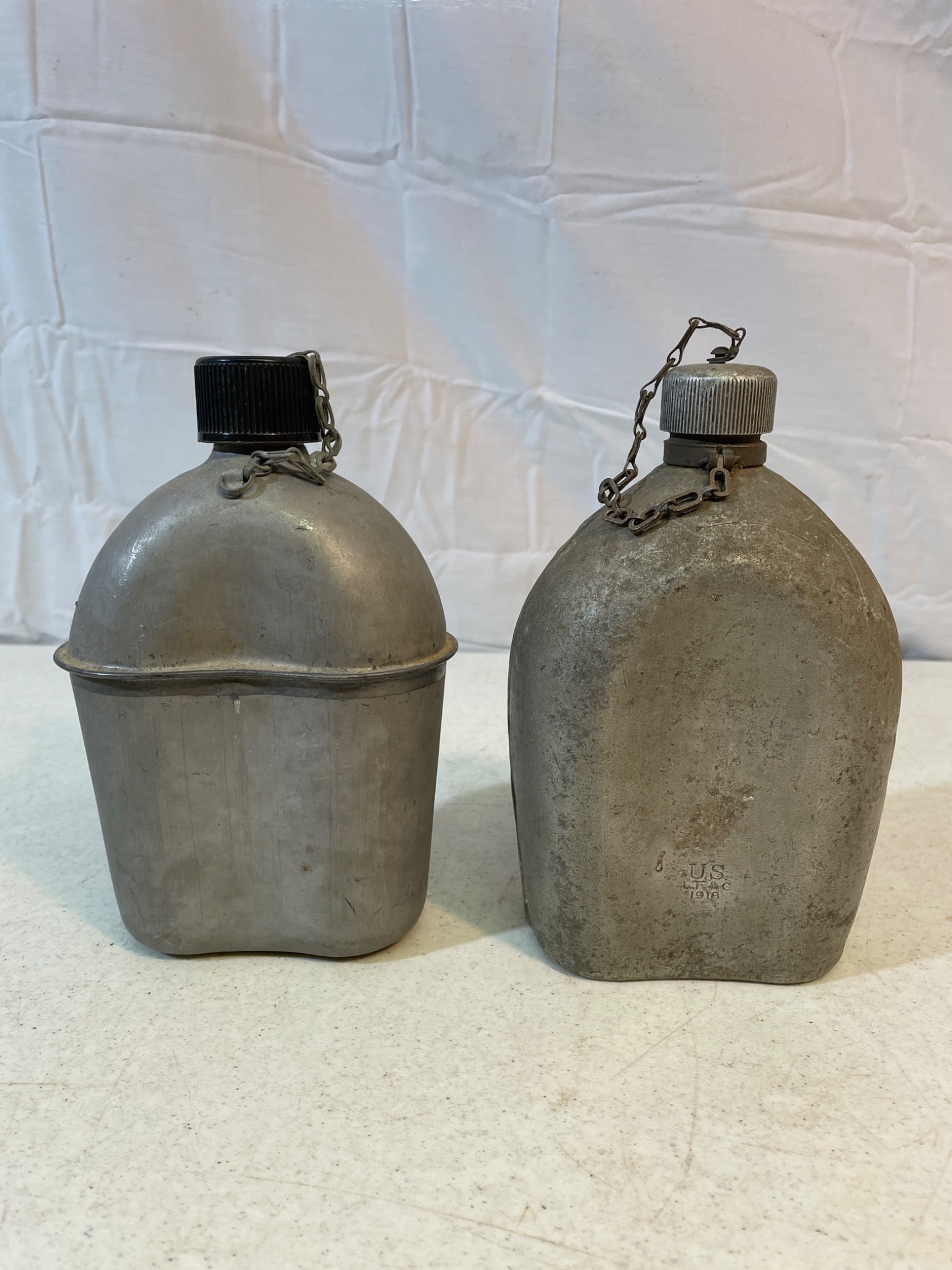 U.S. Military Metal Canteens, 1918 Marked, with Caps and Chains - 3