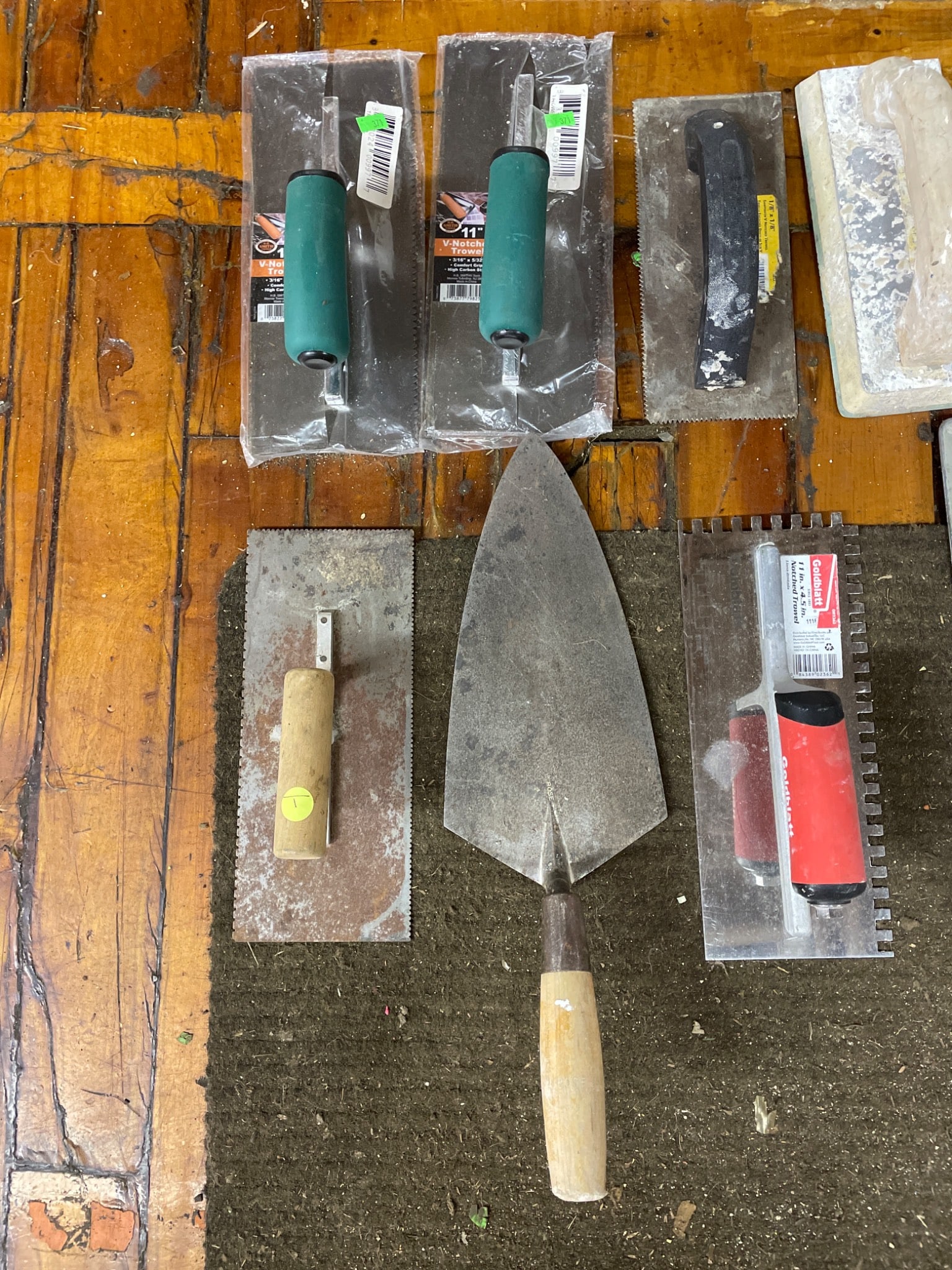 Various Trowels, Brushes, and Plastic Storage Bin - 2