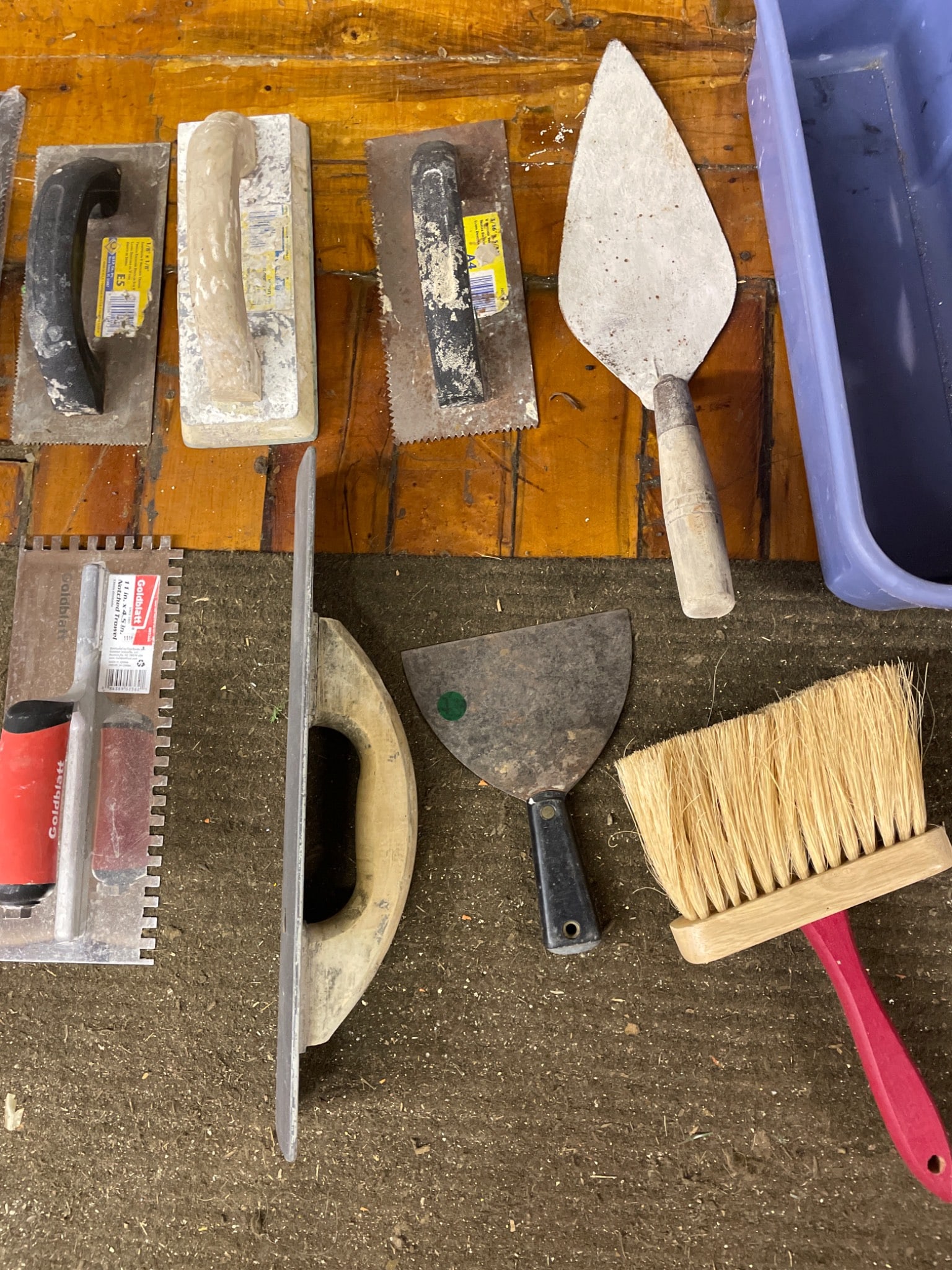 Various Trowels, Brushes, and Plastic Storage Bin - 3
