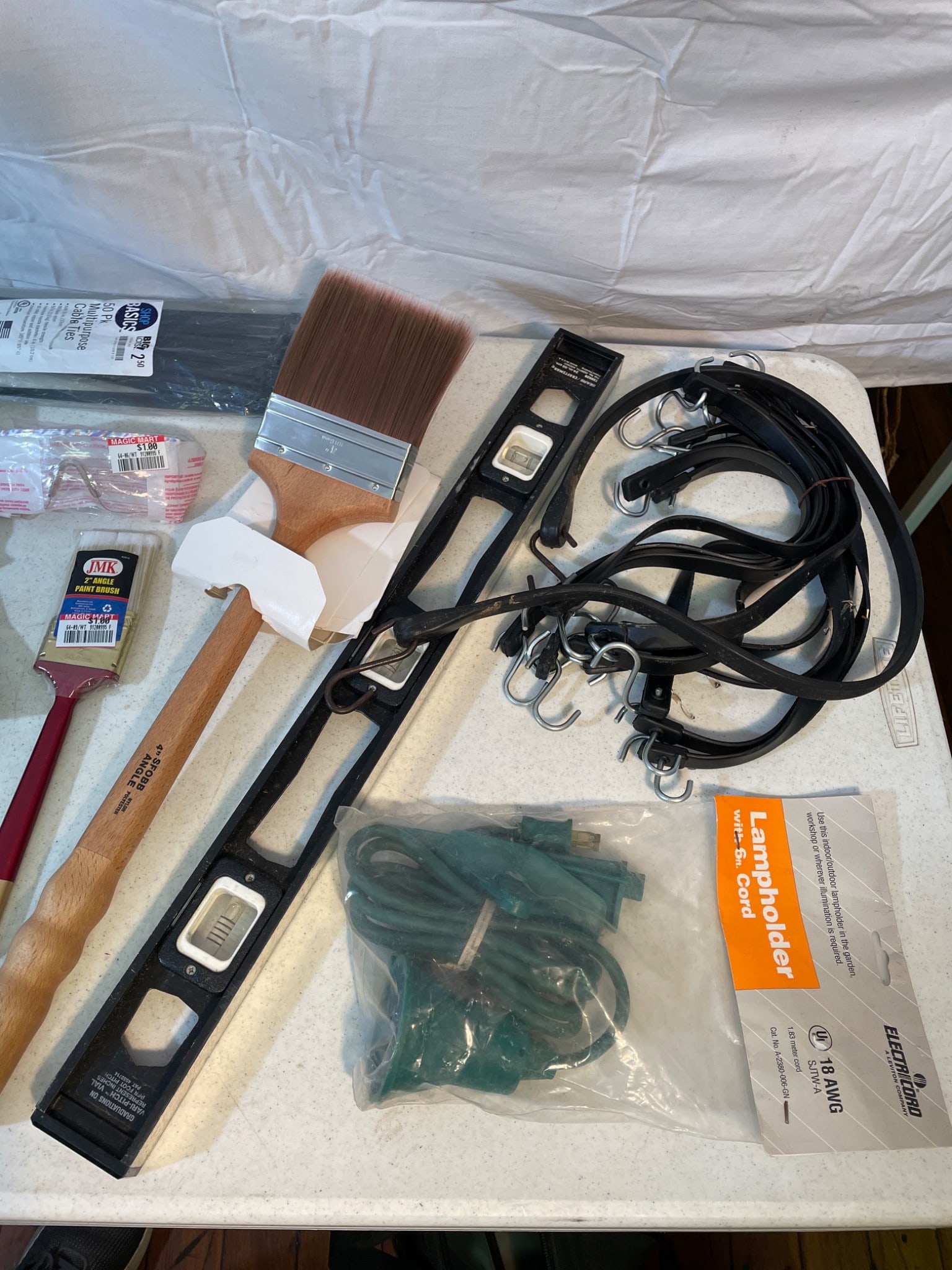 Hand Tools and Accessories Including Brushes, Saw, and Bungee Cords - 3