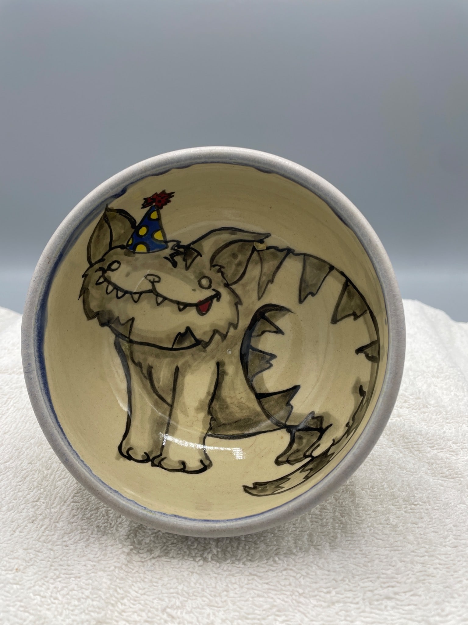 Handcrafted Ceramic Bowl With Painted Cat Design and Stamped Mark - 3