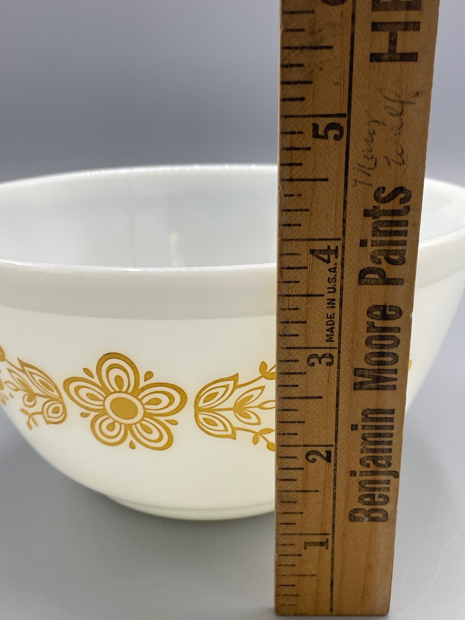Pyrex Mixing Bowl with Gold Floral Motif, Made in USA - 6